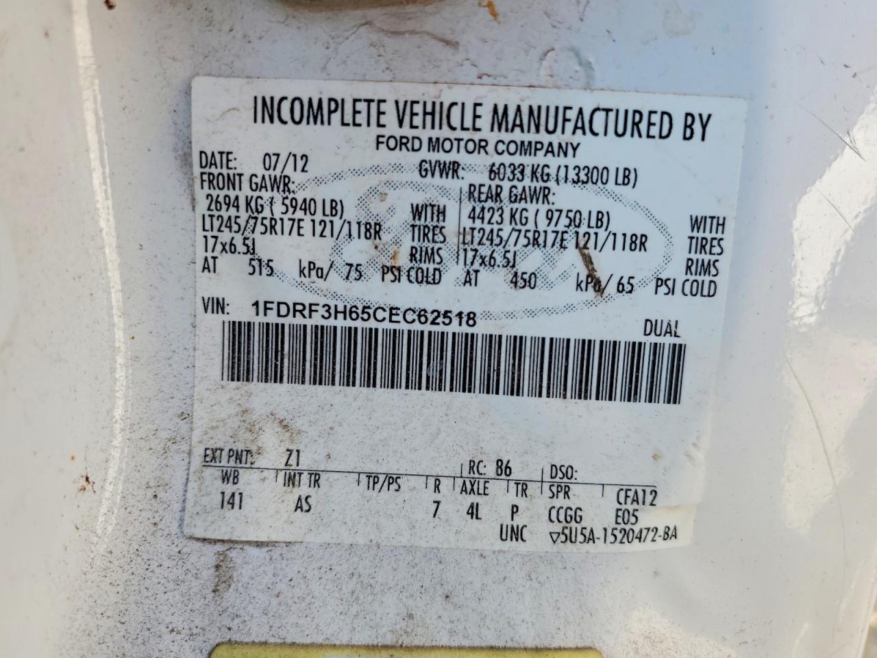 2012 Ford F350 Super Duty White vin: 1FDRF3H65CEC62518
