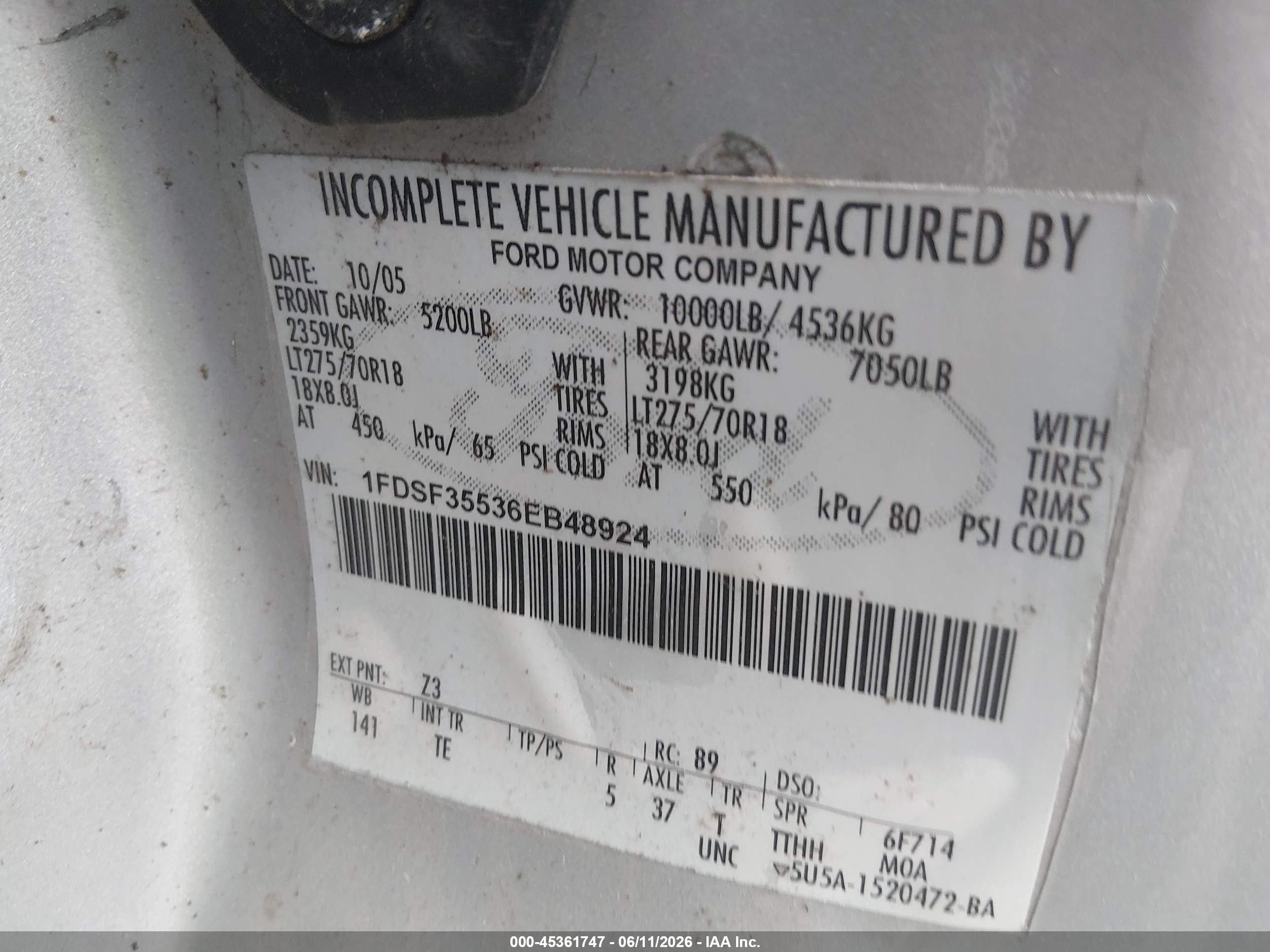 2006 Ford F-350 Chassis Xl/xlt Silver vin: 1FDSF35536EB48924