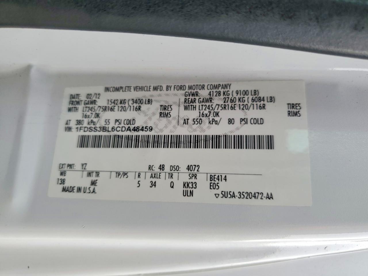 2012 Ford Econoline E350 Super Duty Wagon White vin: 1FDSS3BL6CDA48459