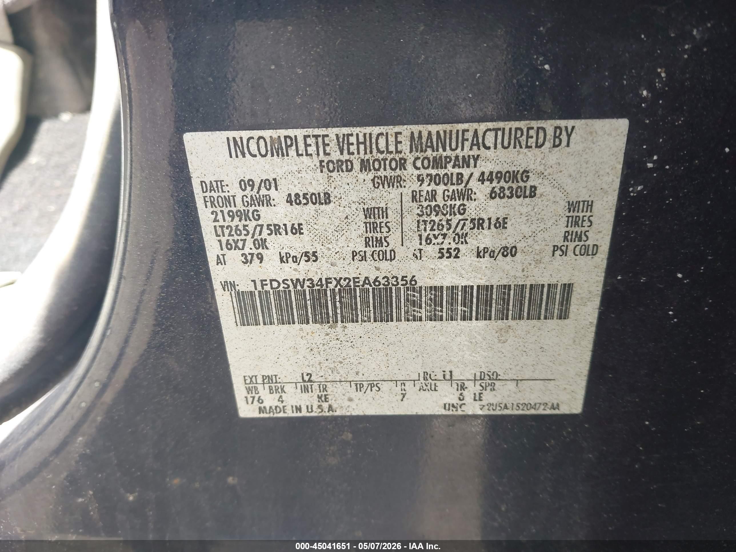 2002 Ford F-350 Lariat/xl/xlt Gray vin: 1FDSW34FX2EA63356