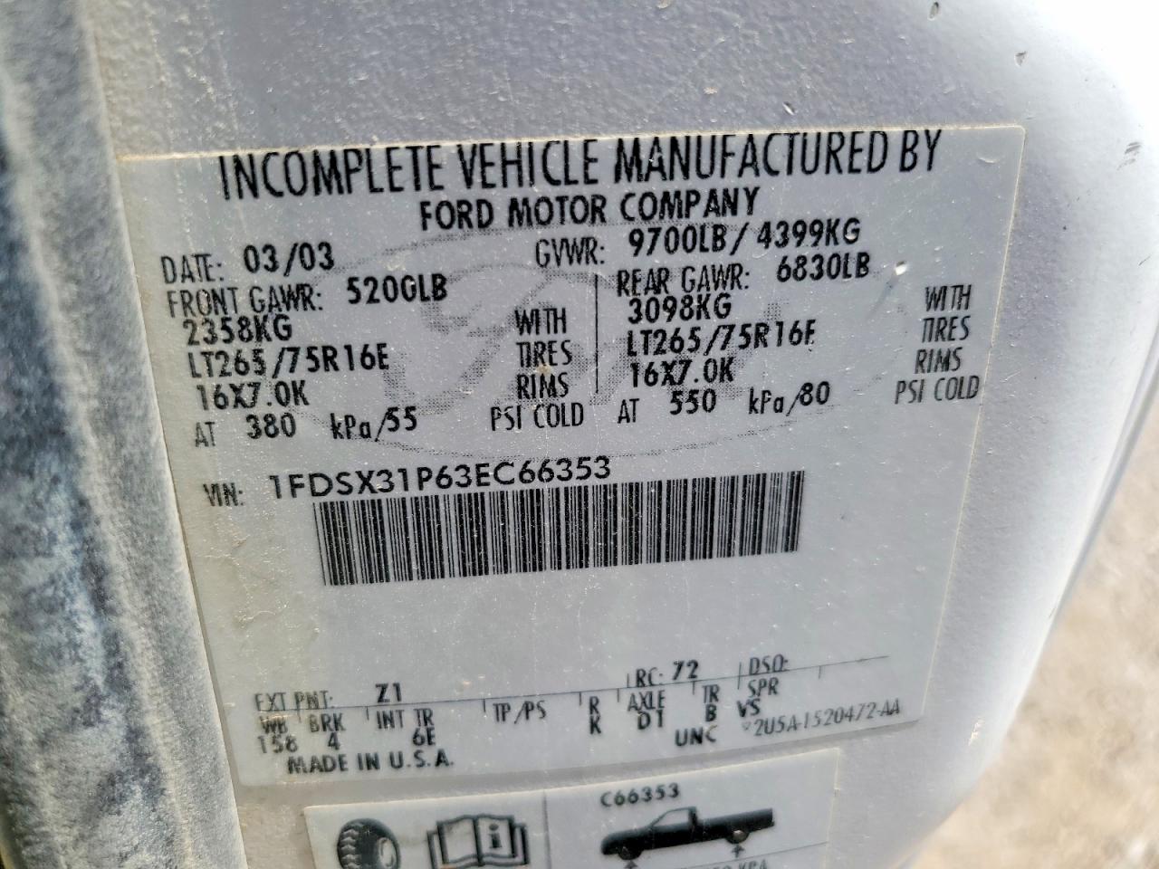 2003 Ford F350 Srw Super Duty White vin: 1FDSX31P63EC66353