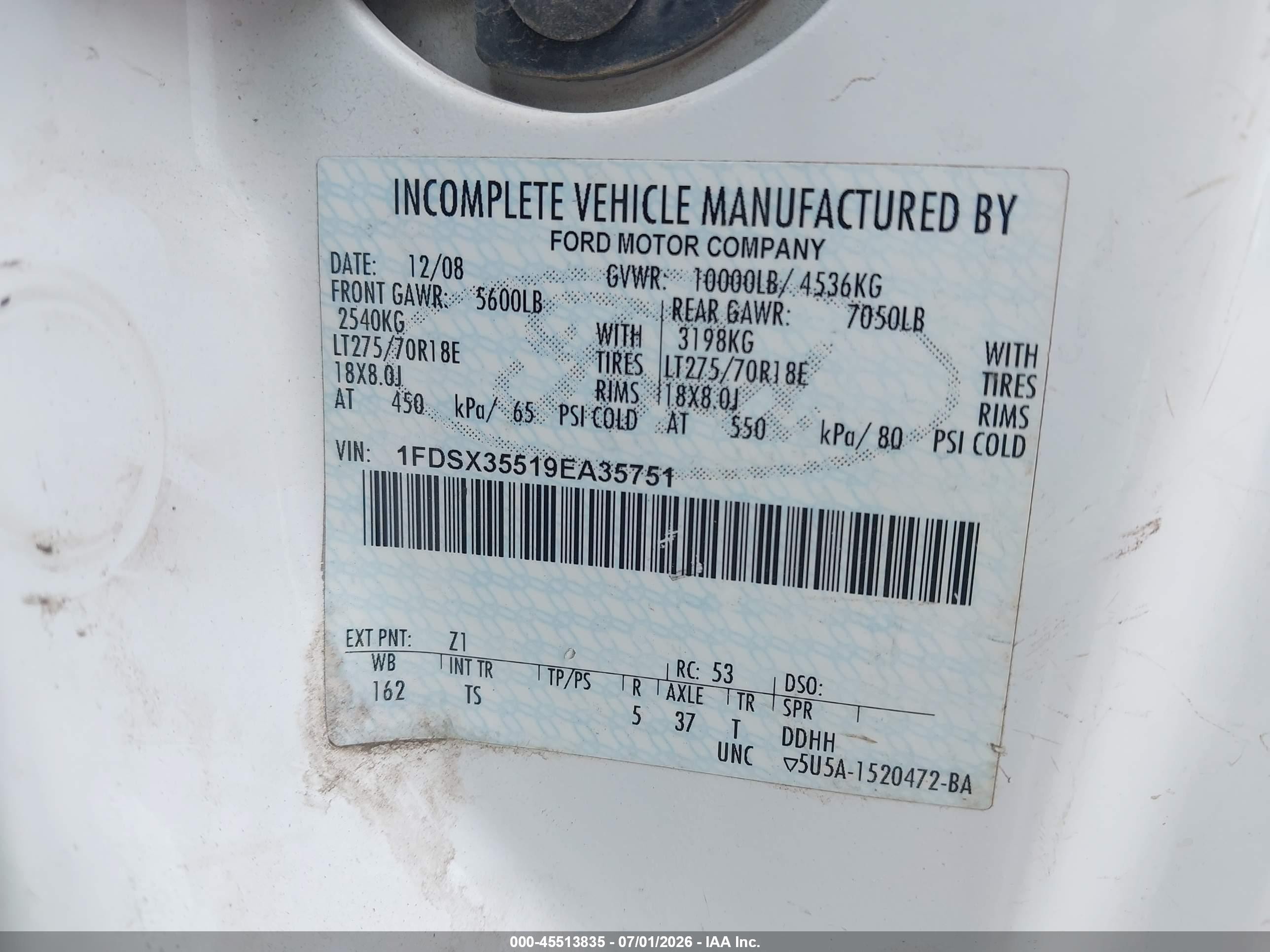 2009 Ford F-350 Chassis Lariat/xl/xlt Белый vin: 1FDSX35519EA35751