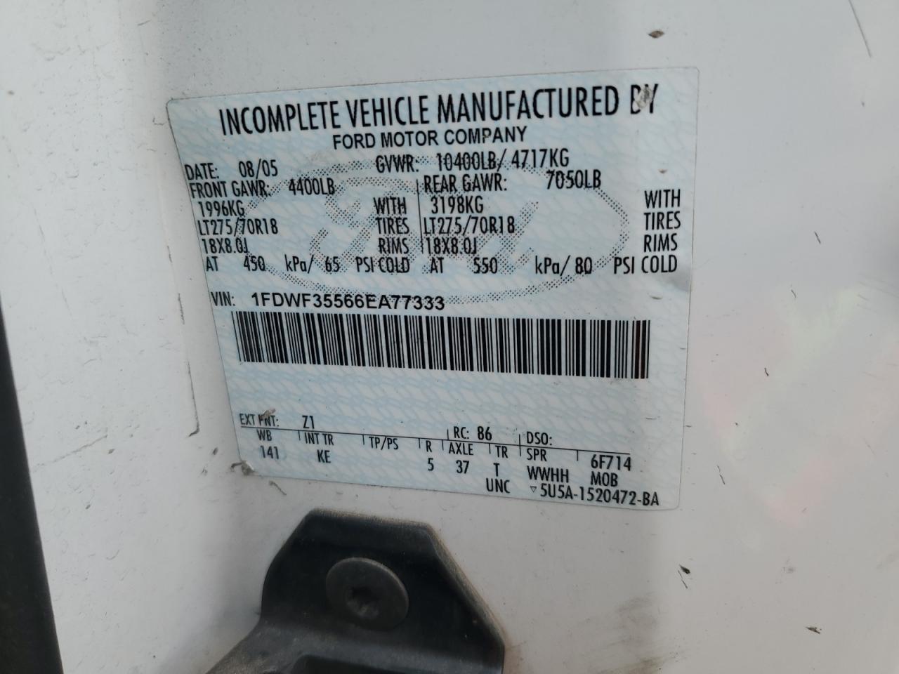 2005 Ford F350 White vin: 1FDWF35566EA77333