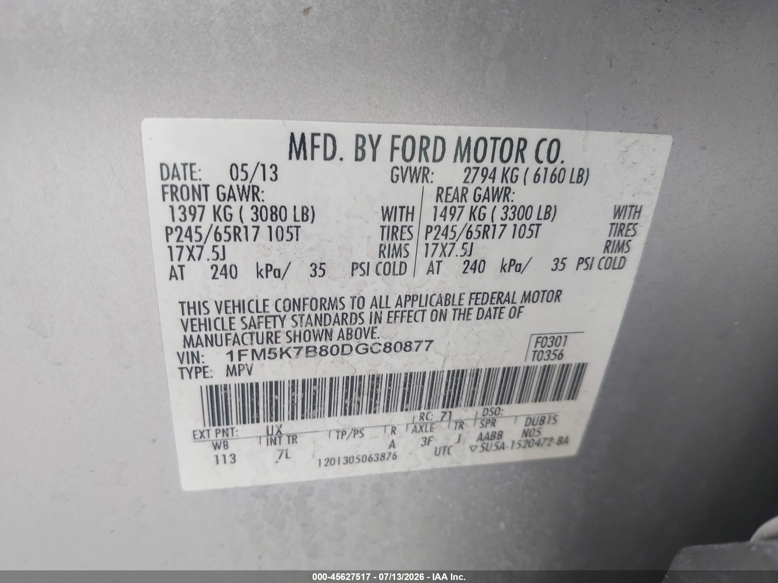 2013 Ford Explorer   White vin: 1FM5K7B80DGC80877