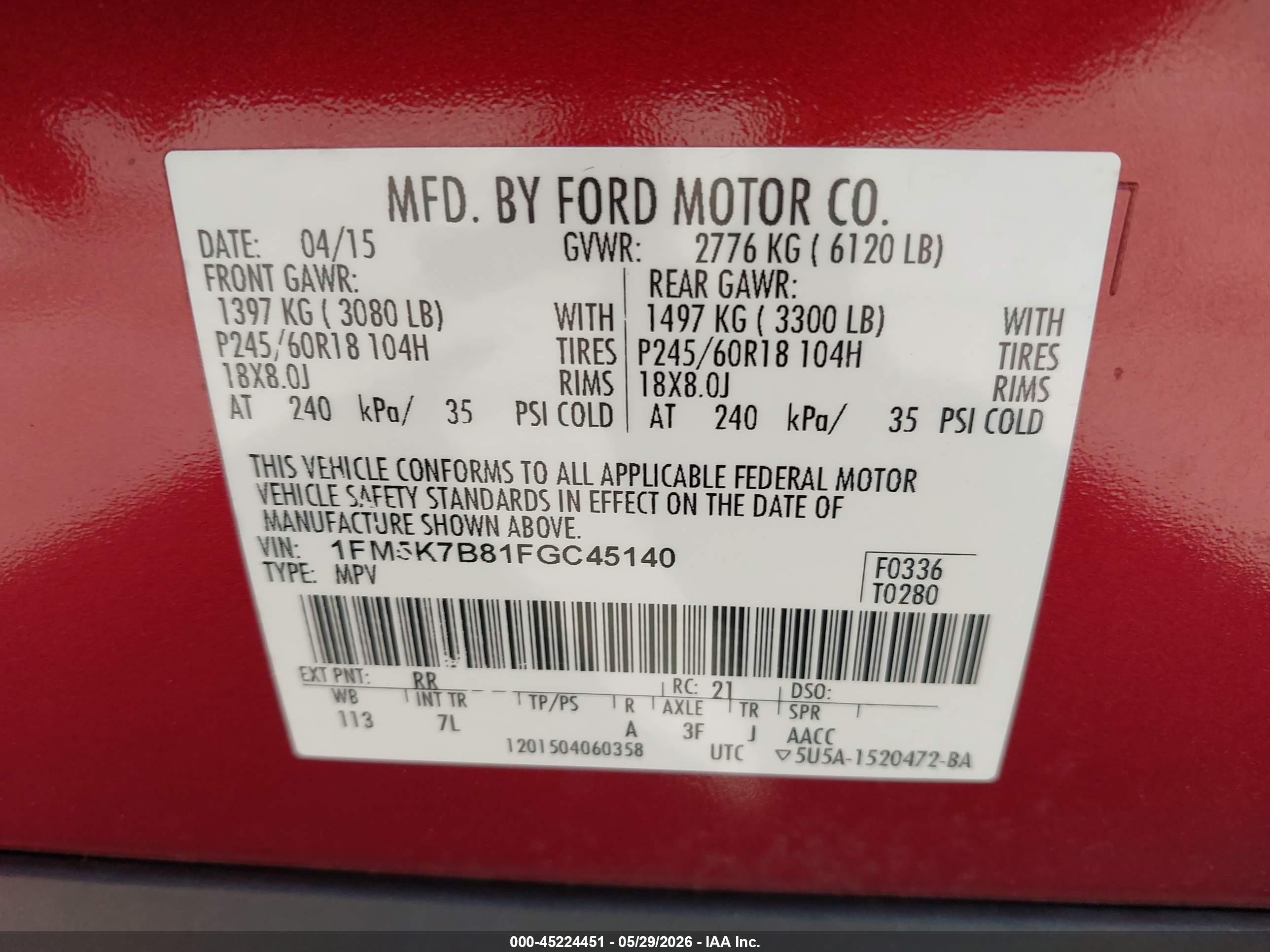 2015 Ford Explorer Red vin: 1FM5K7B81FGC45140