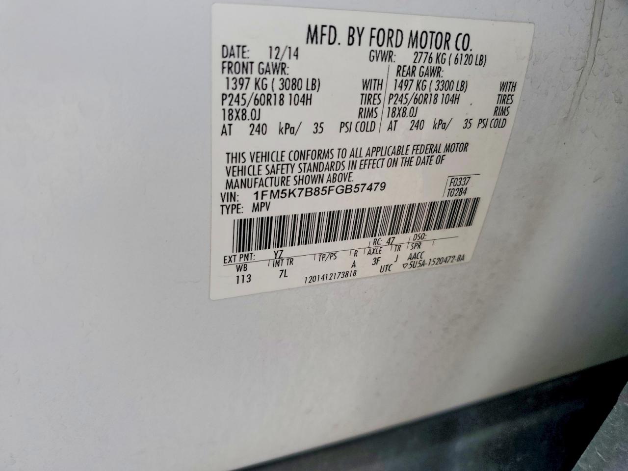 2015 Ford Explorer White vin: 1FM5K7B85FGB57479