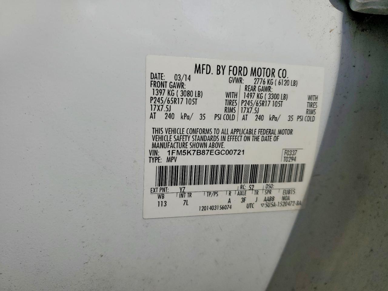 2014 Ford Explorer White vin: 1FM5K7B87EGC00721