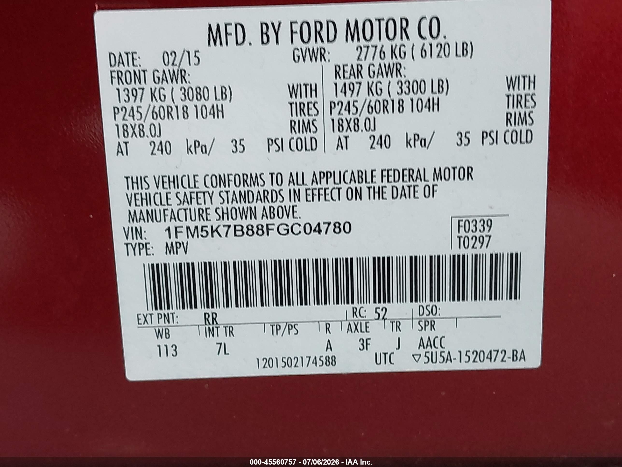 2015 Ford Explorer   Red vin: 1FM5K7B88FGC04780