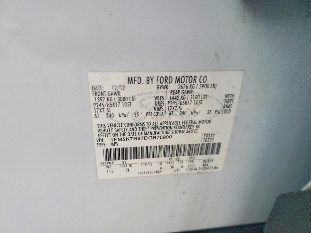 2013 Ford Explorer White vin: 1FM5K7B97DGB76900