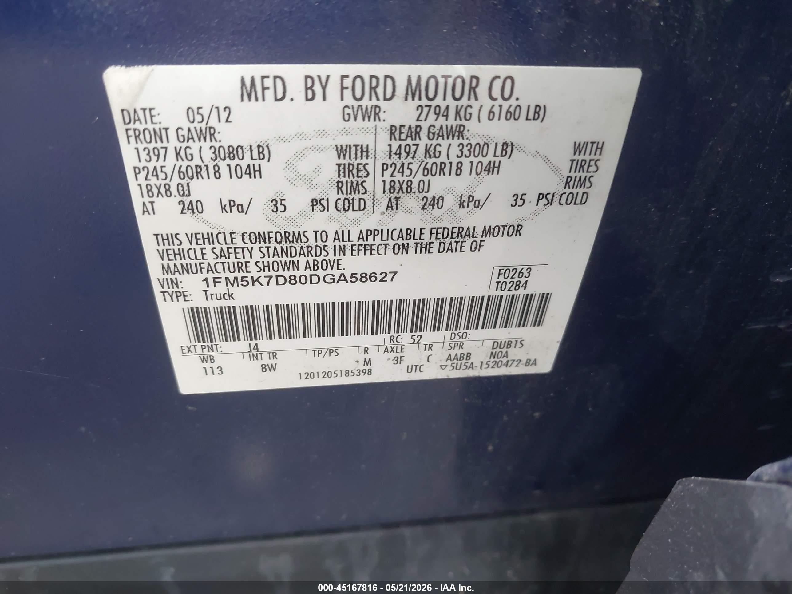2013 Ford Explorer Xlt Blue vin: 1FM5K7D80DGA58627