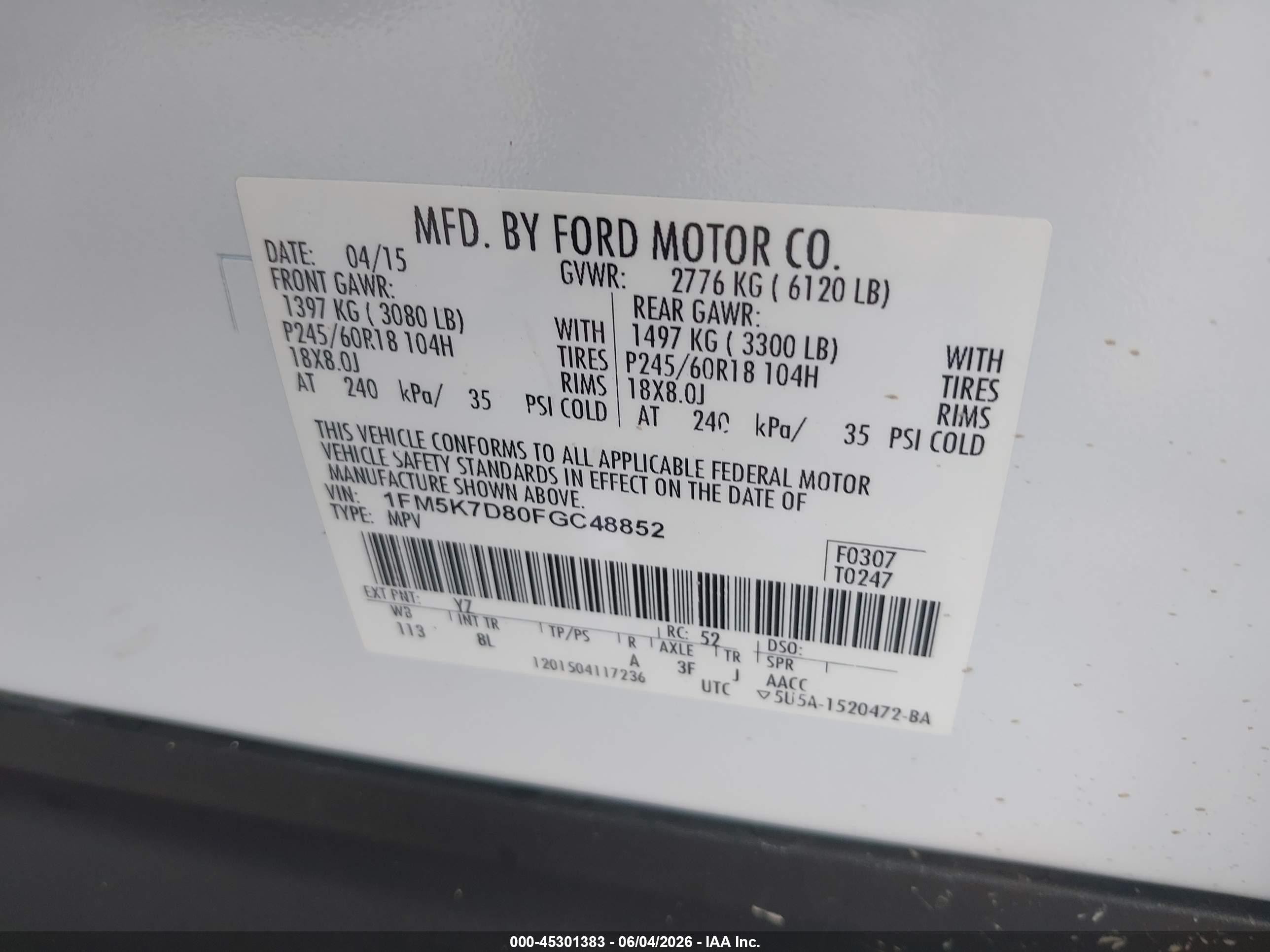 2015 Ford Explorer Xlt White vin: 1FM5K7D80FGC48852