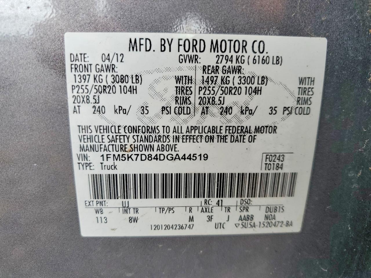 2013 Ford Explorer Xlt Gray vin: 1FM5K7D84DGA44519
