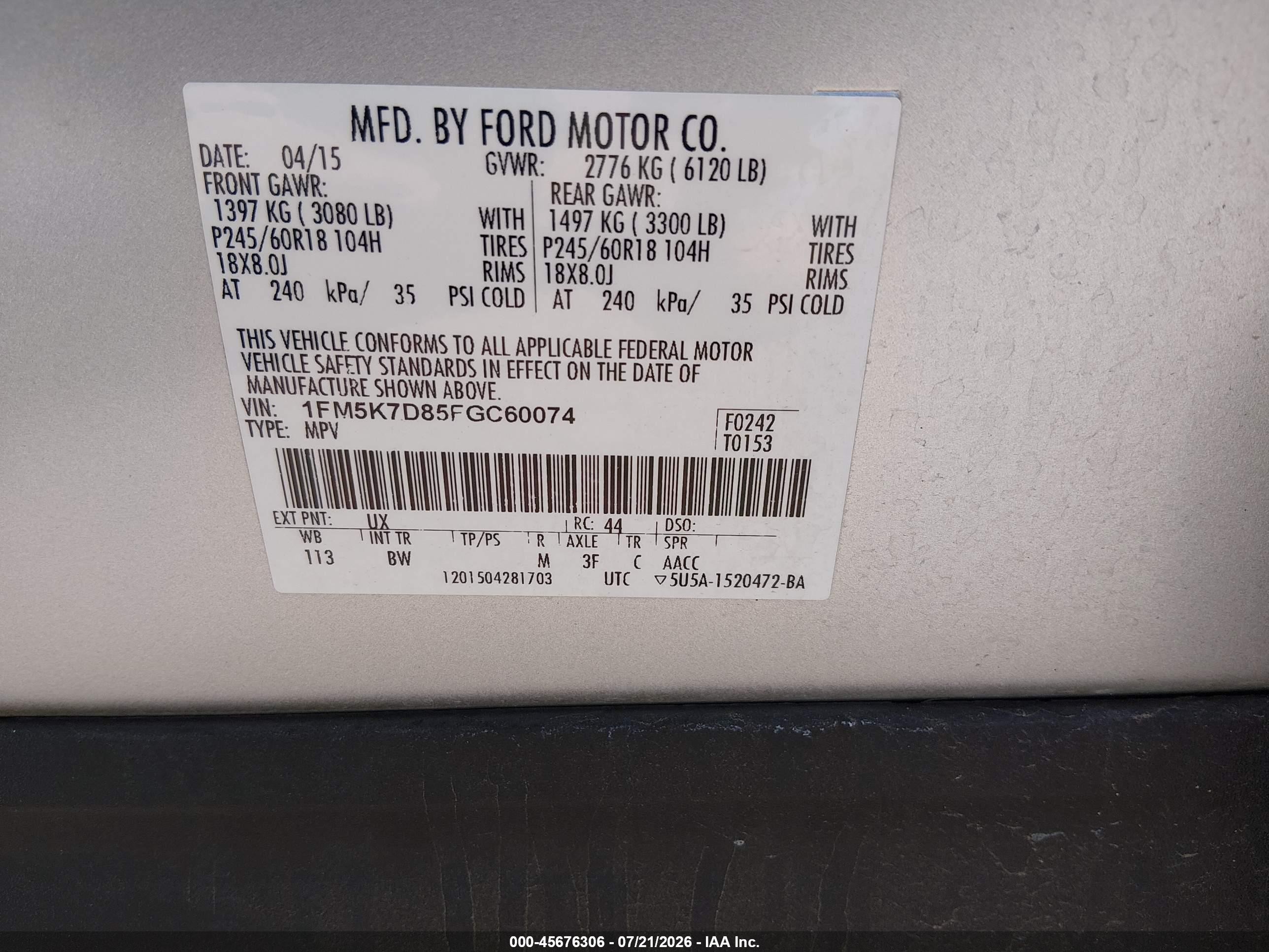 2015 Ford Explorer Xlt Серый vin: 1FM5K7D85FGC60074