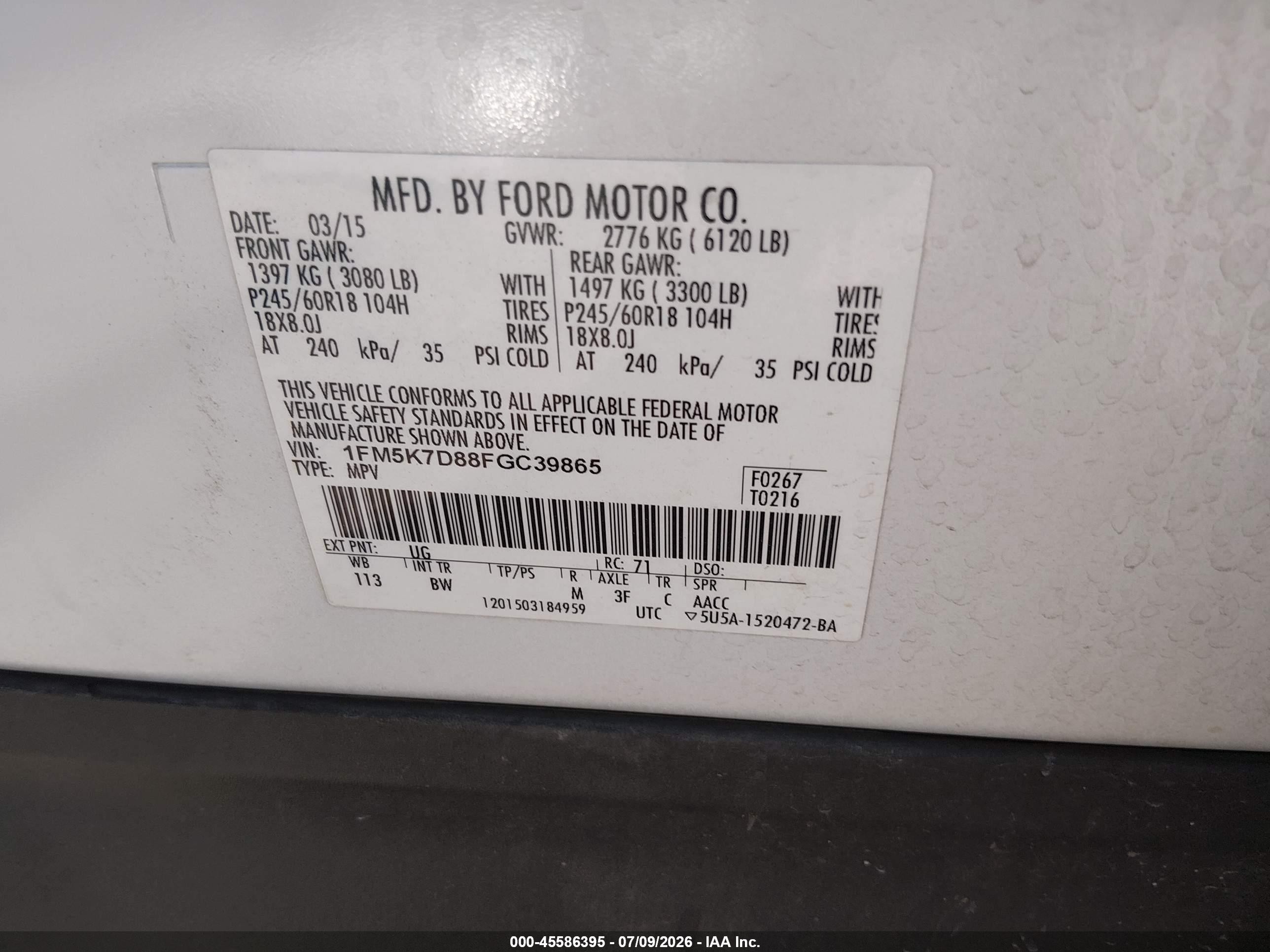 2015 Ford Explorer Xlt White vin: 1FM5K7D88FGC39865
