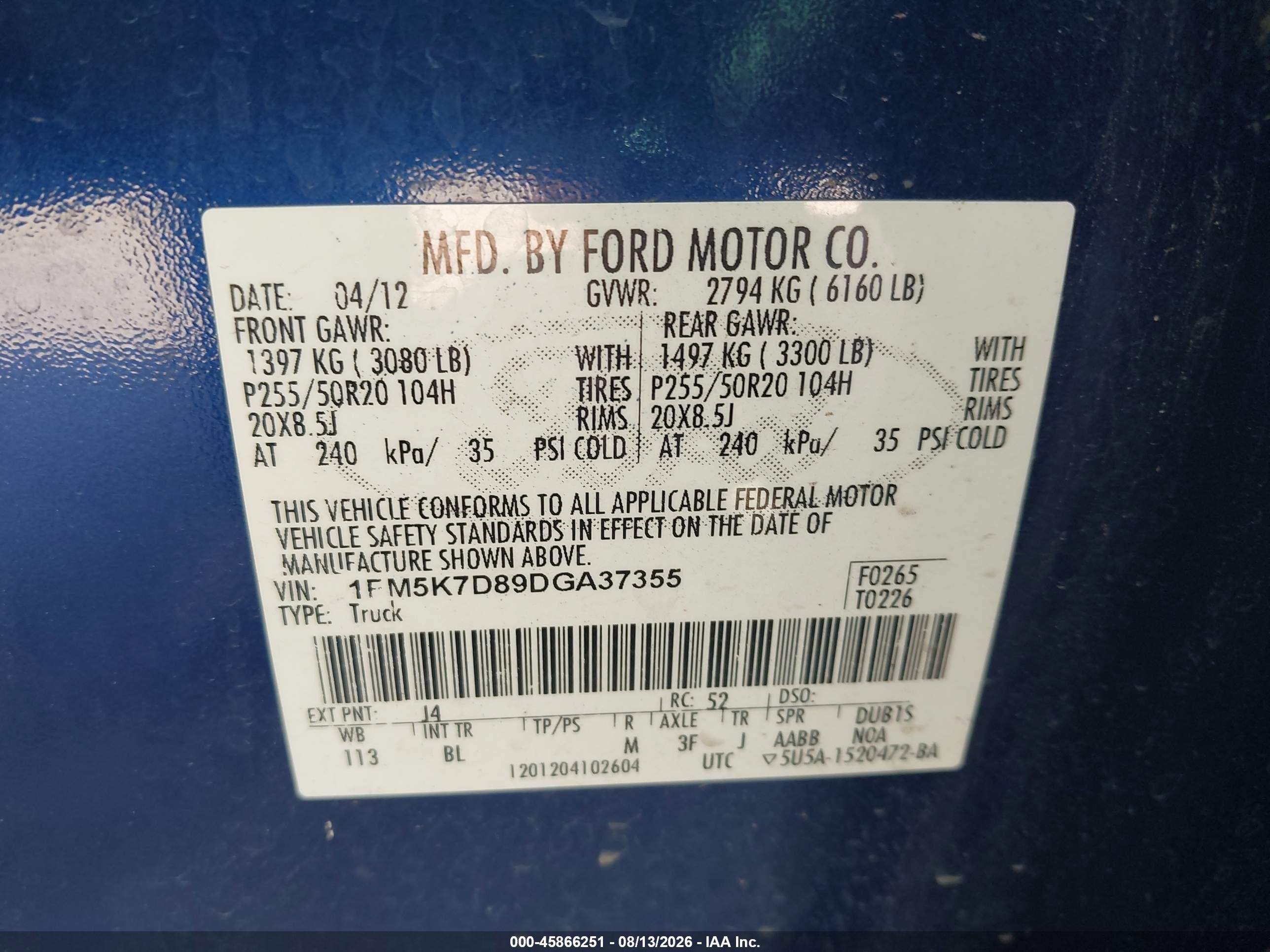 2013 Ford Explorer Xlt Blue vin: 1FM5K7D89DGA37355