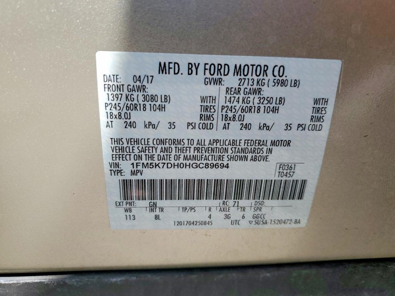2017 Ford Explorer Xlt Gold vin: 1FM5K7DH0HGC89694