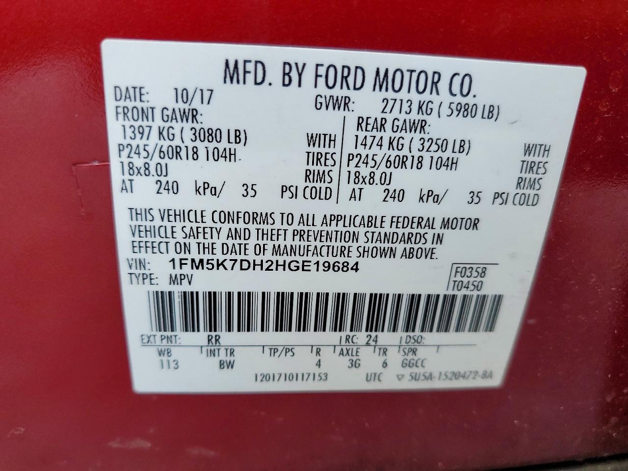 2017 Ford Explorer Red vin: 1FM5K7DH2HGE19684