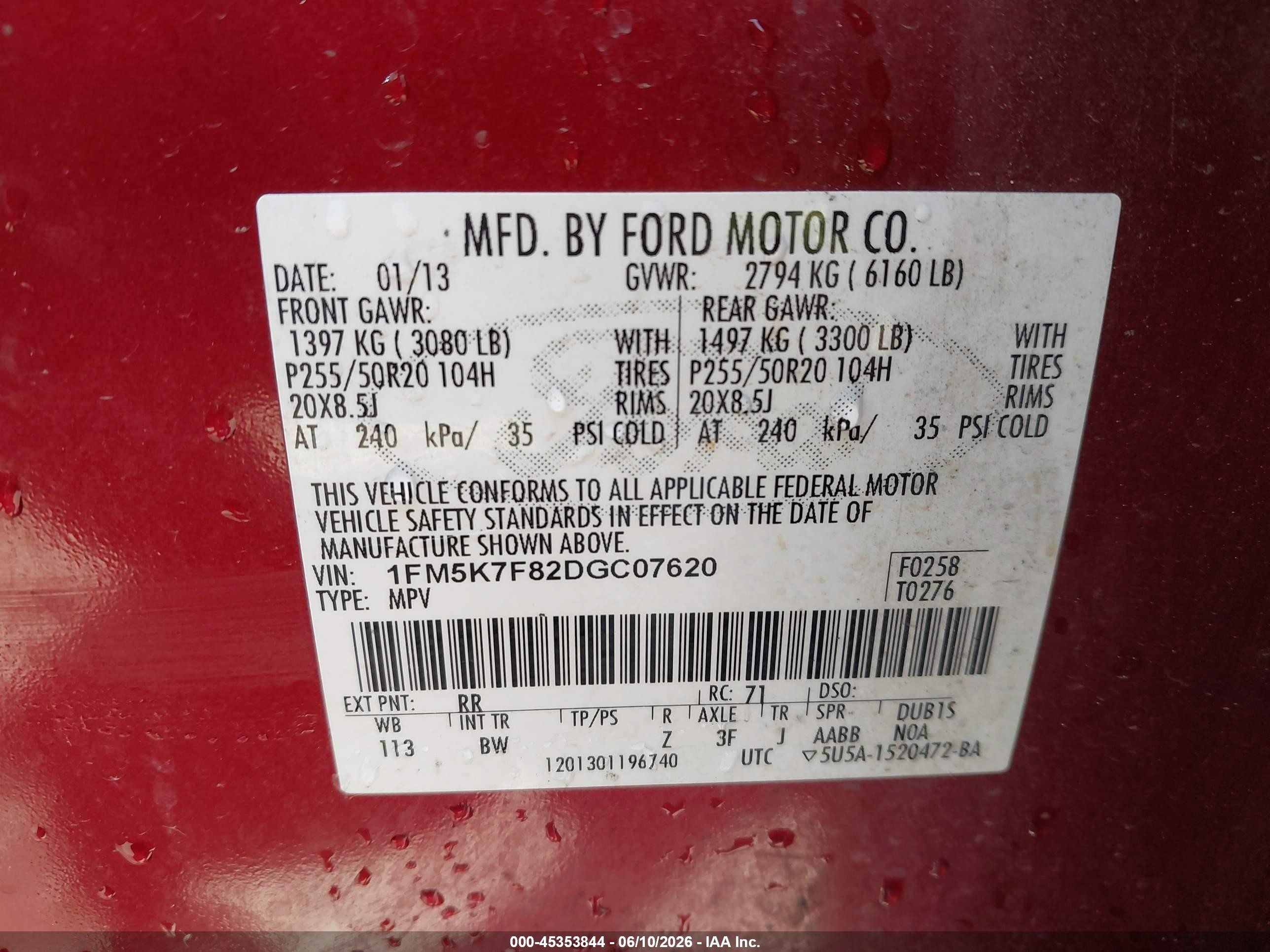 2013 Ford Explorer Limited Red vin: 1FM5K7F82DGC07620