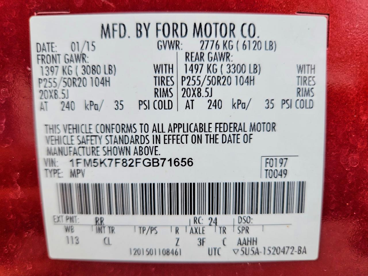 2015 Ford Explorer Limited Red vin: 1FM5K7F82FGB71656