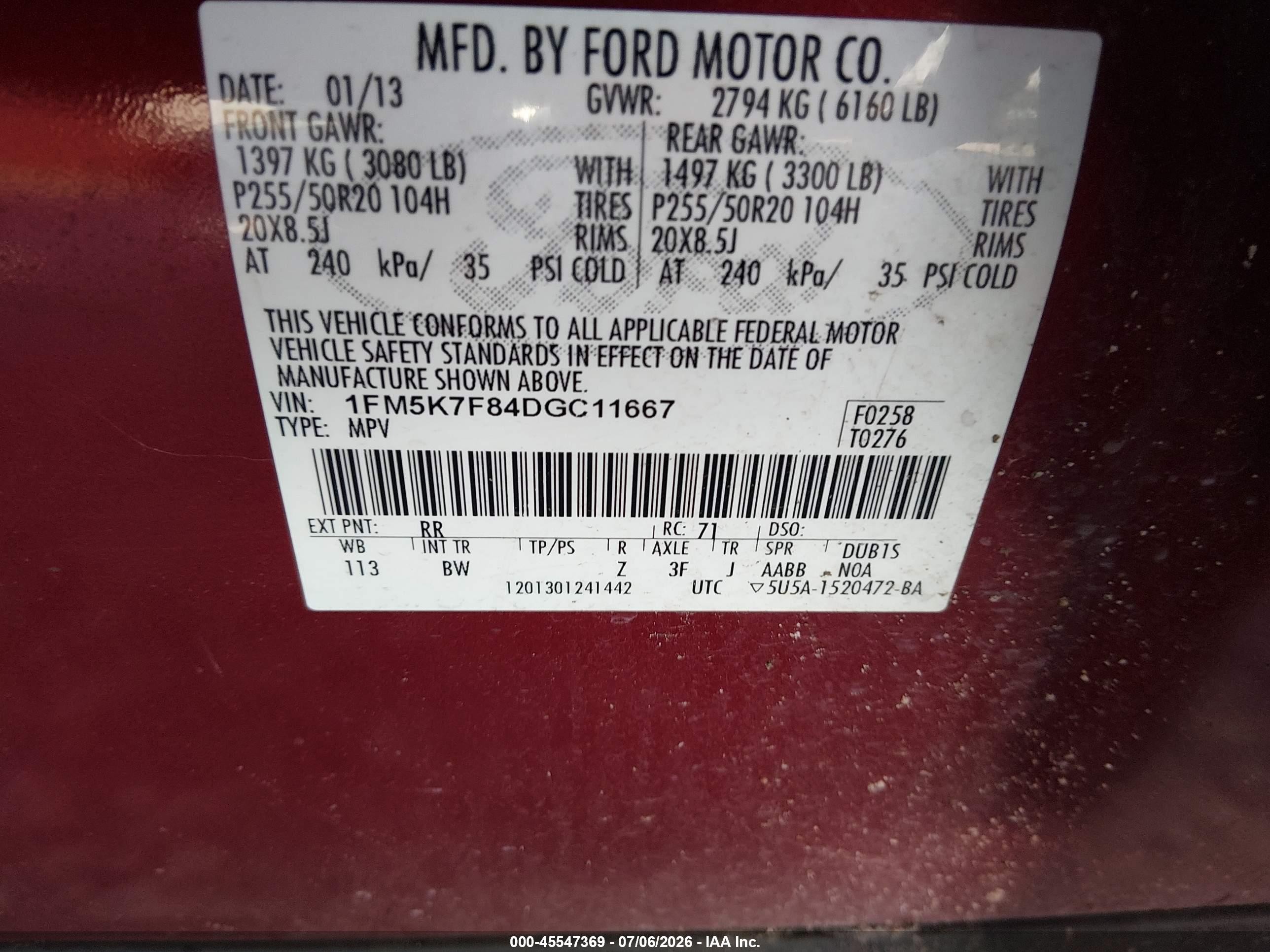 2013 Ford Explorer Limited Red vin: 1FM5K7F84DGC11667