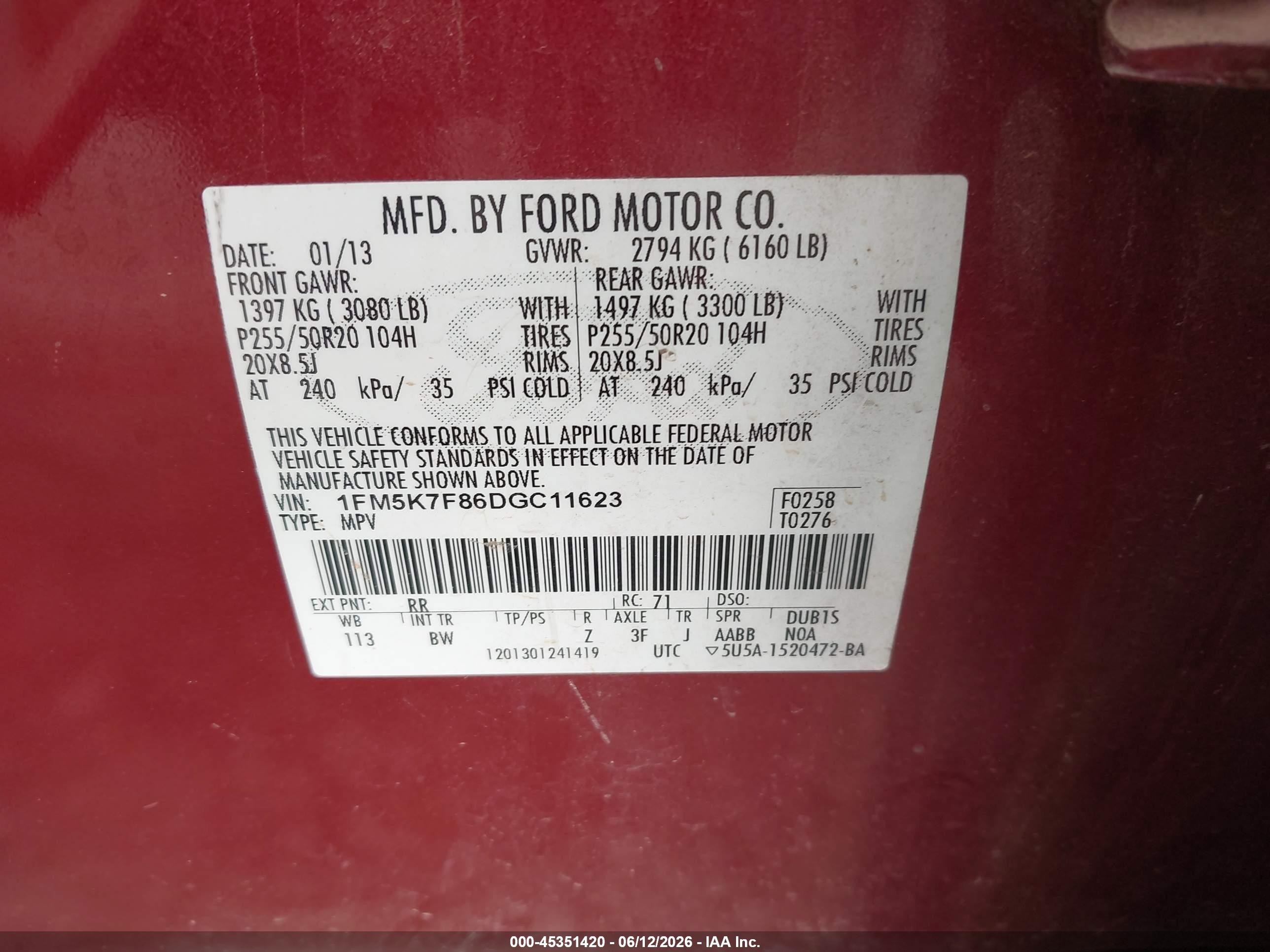 2013 Ford Explorer Limited Red vin: 1FM5K7F86DGC11623