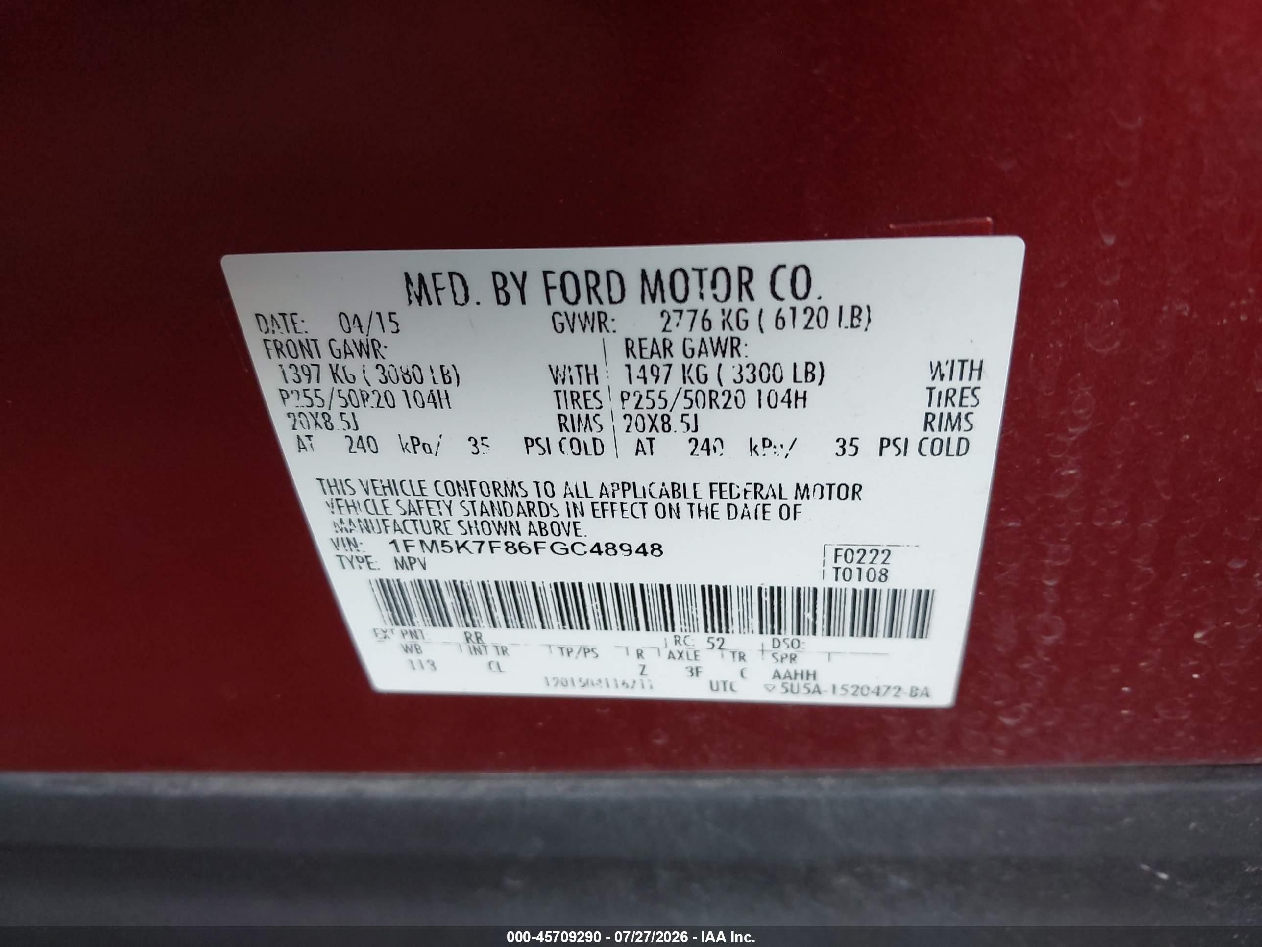 2015 Ford Explorer Limited Red vin: 1FM5K7F86FGC48948