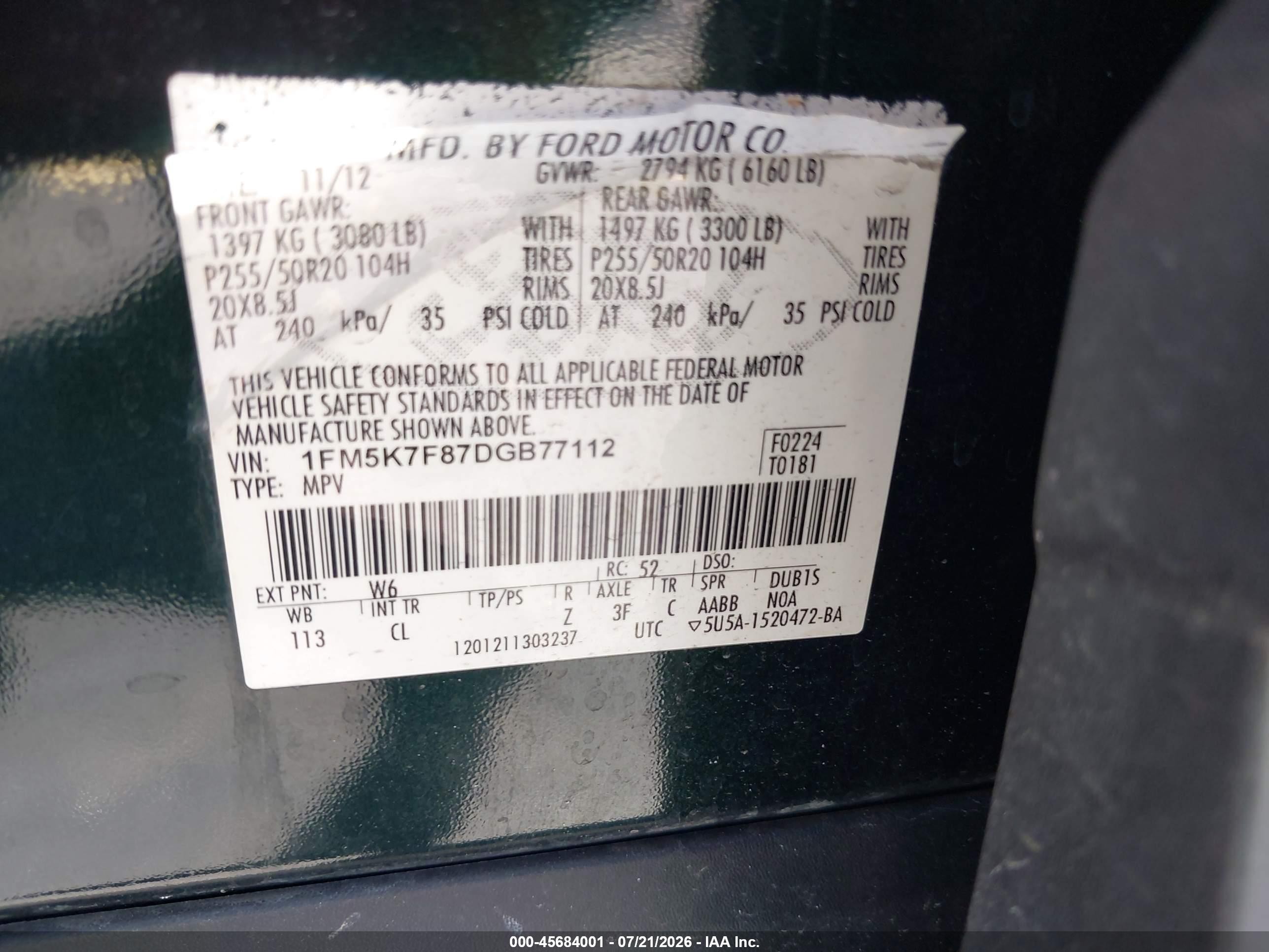 2013 Ford Explorer Limited Green vin: 1FM5K7F87DGB77112