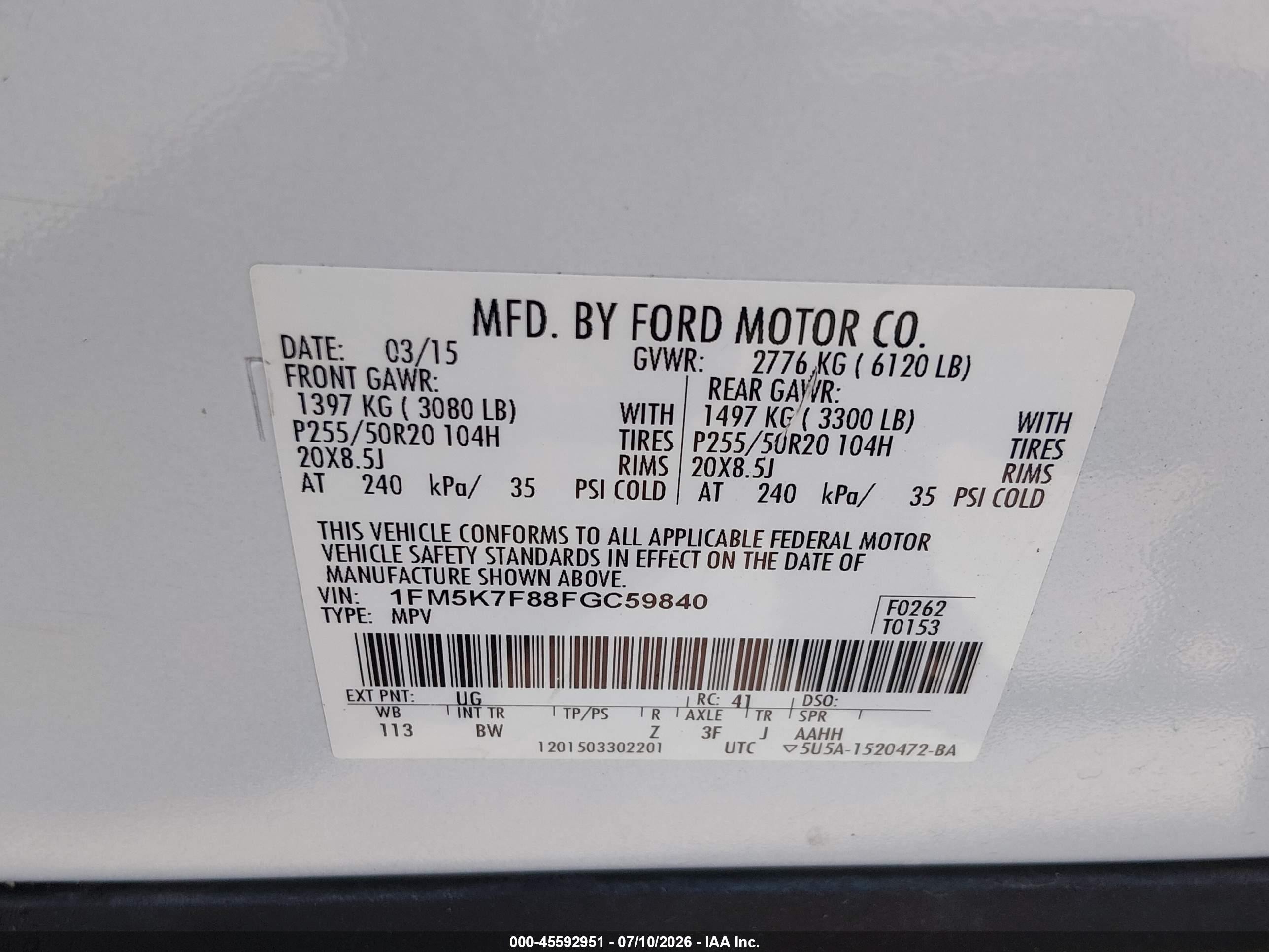 2015 Ford Explorer Limited White vin: 1FM5K7F88FGC59840
