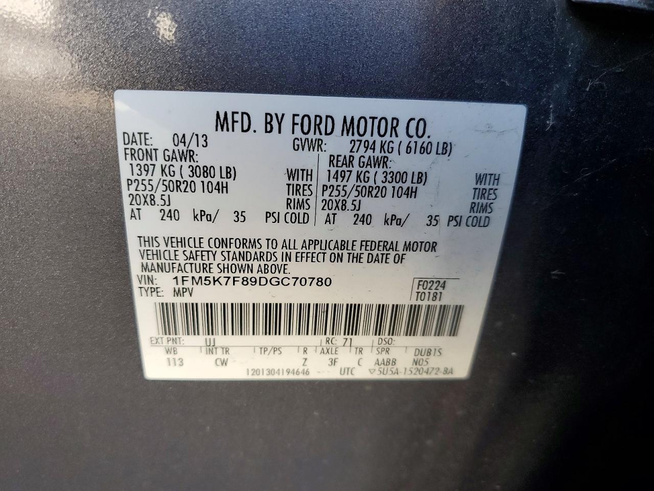 2013 Ford Explorer Limited Gray vin: 1FM5K7F89DGC70780