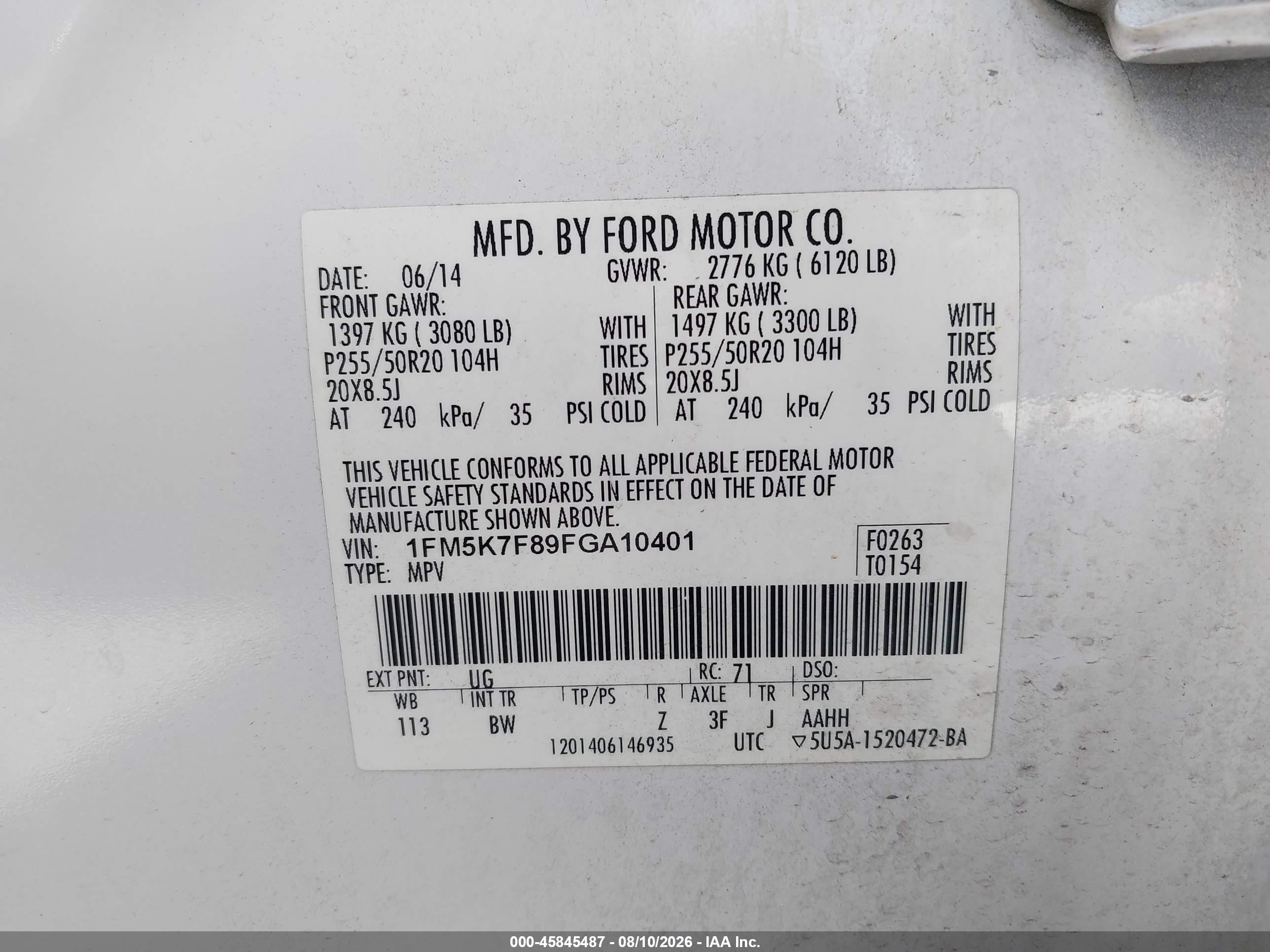 2015 Ford Explorer Limited White vin: 1FM5K7F89FGA10401