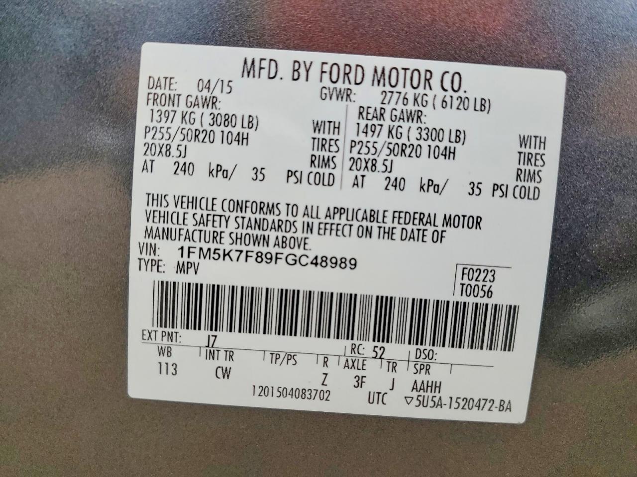 2015 Ford Explorer Limited Gray vin: 1FM5K7F89FGC48989