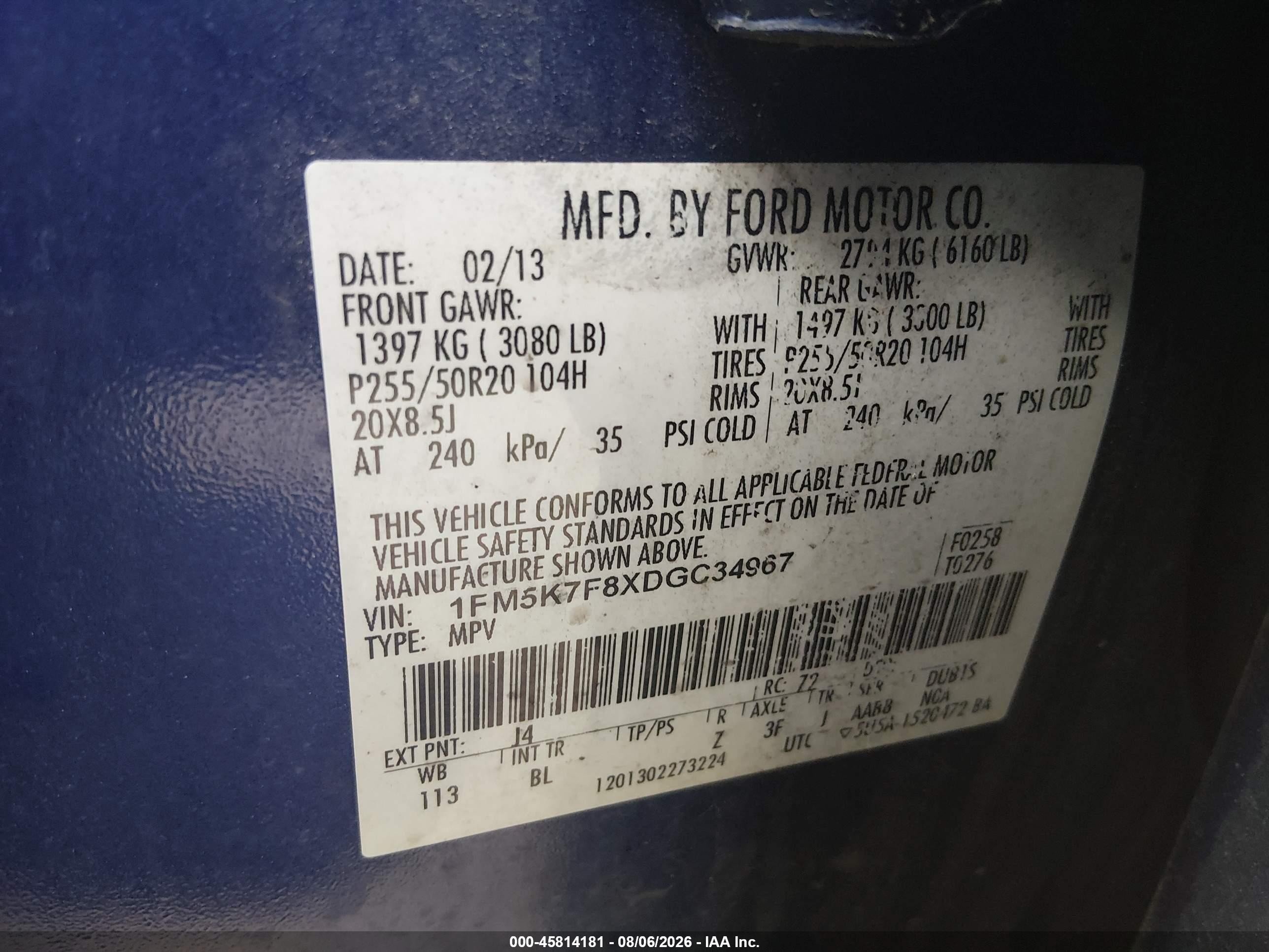 2013 Ford Explorer Limited Blue vin: 1FM5K7F8XDGC34967