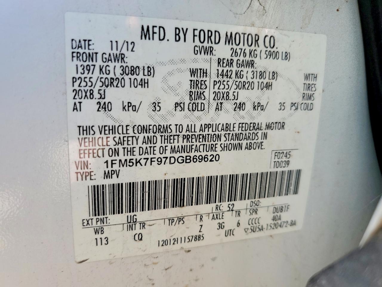 2013 Ford Explorer Limited White vin: 1FM5K7F97DGB69620