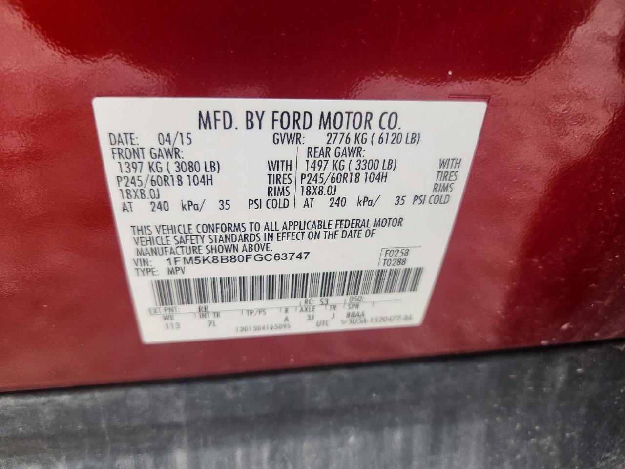 2015 Ford Explorer Red vin: 1FM5K8B80FGC63747
