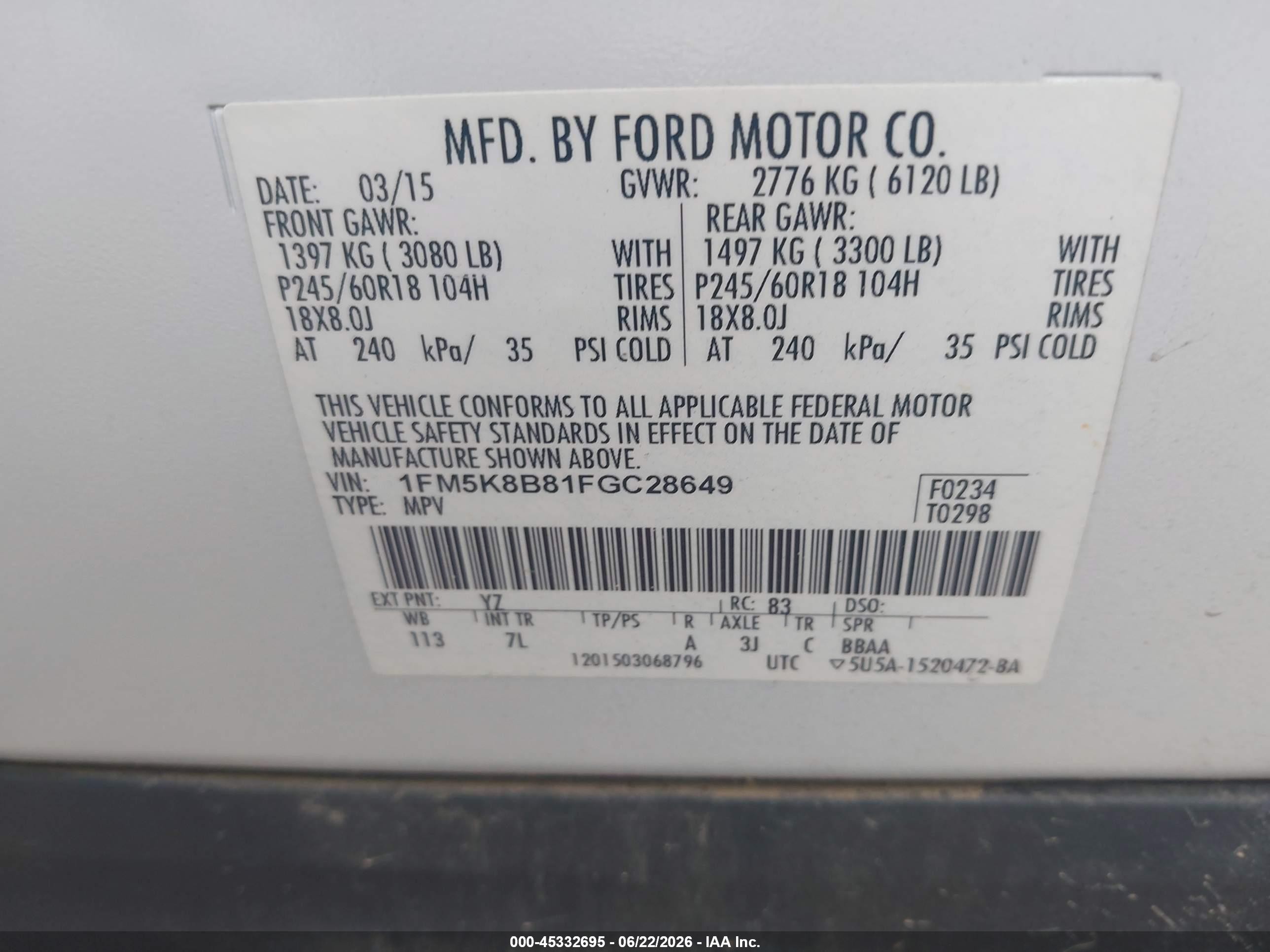 2015 Ford Explorer   White vin: 1FM5K8B81FGC28649