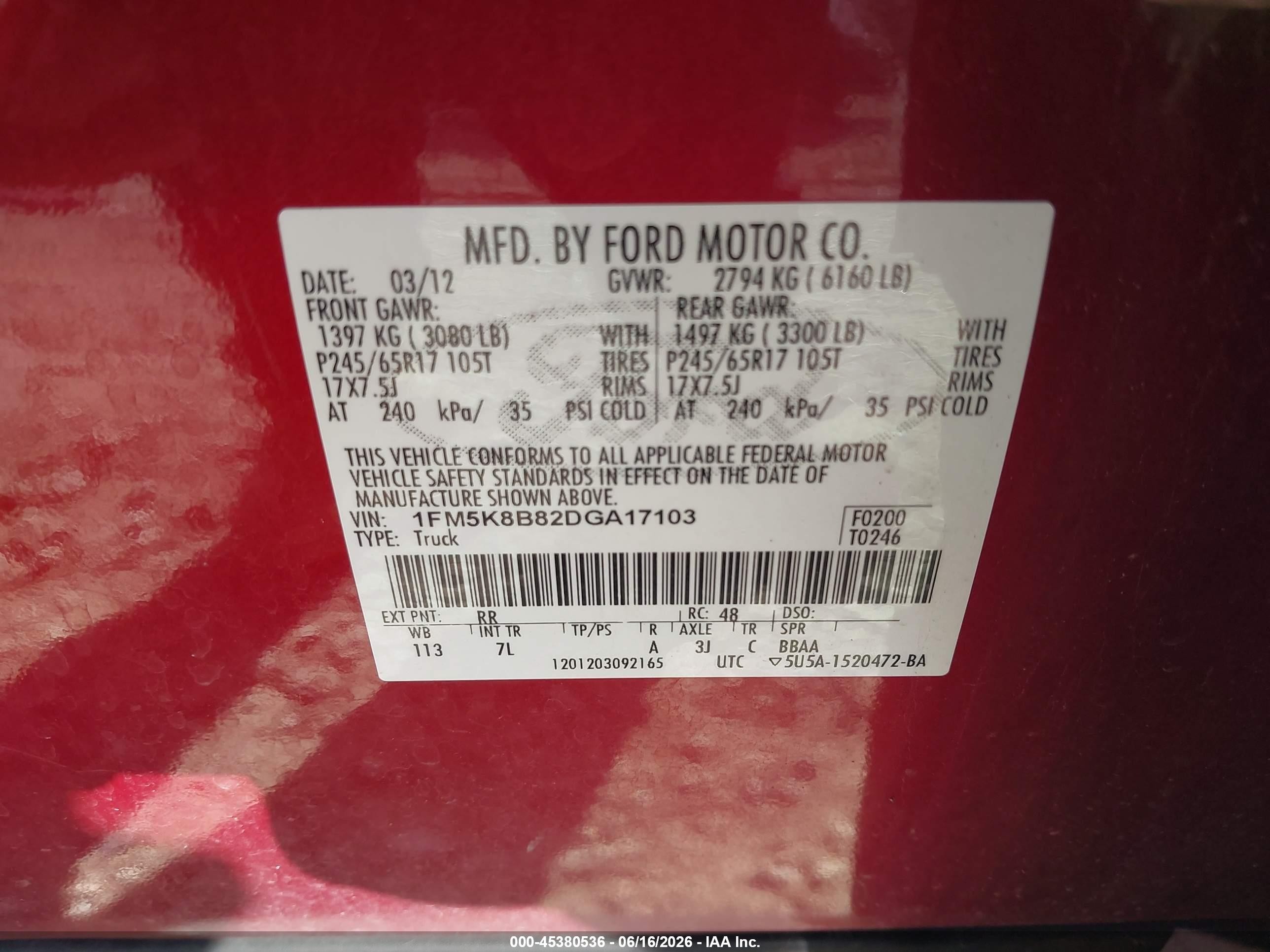 2013 Ford Explorer Red vin: 1FM5K8B82DGA17103