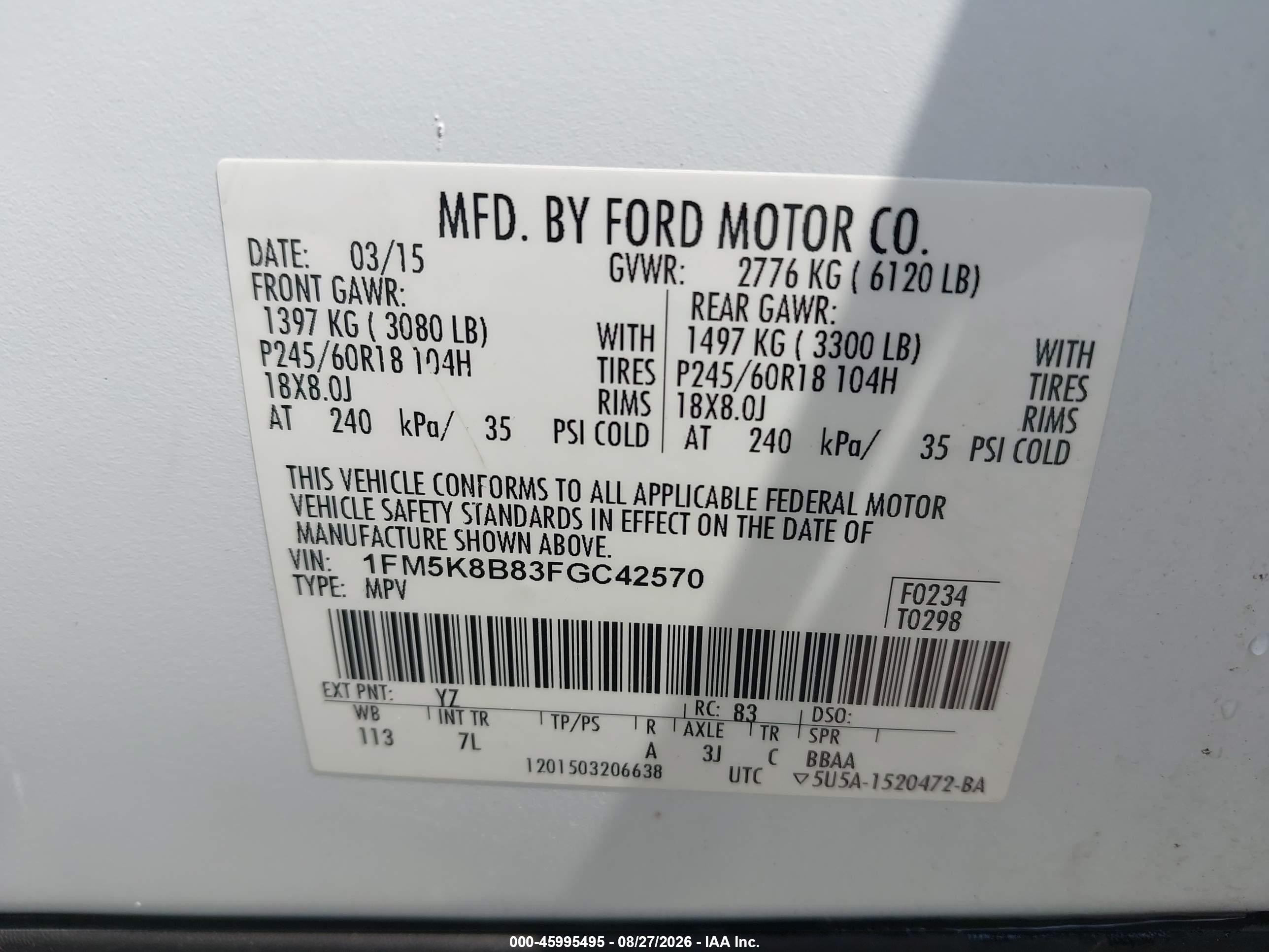 2015 Ford Explorer   White vin: 1FM5K8B83FGC42570