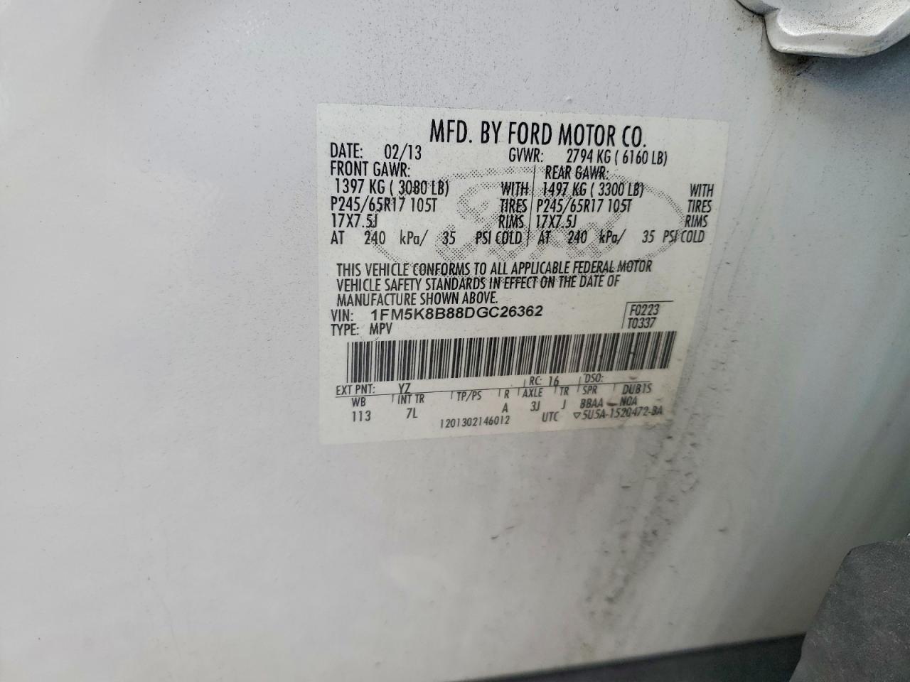 2013 Ford Explorer White vin: 1FM5K8B88DGC26362