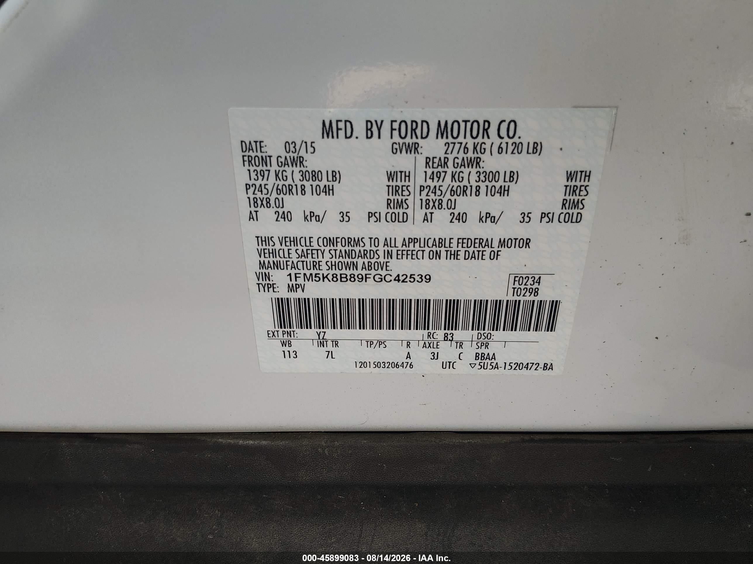 2015 Ford Explorer   White vin: 1FM5K8B89FGC42539