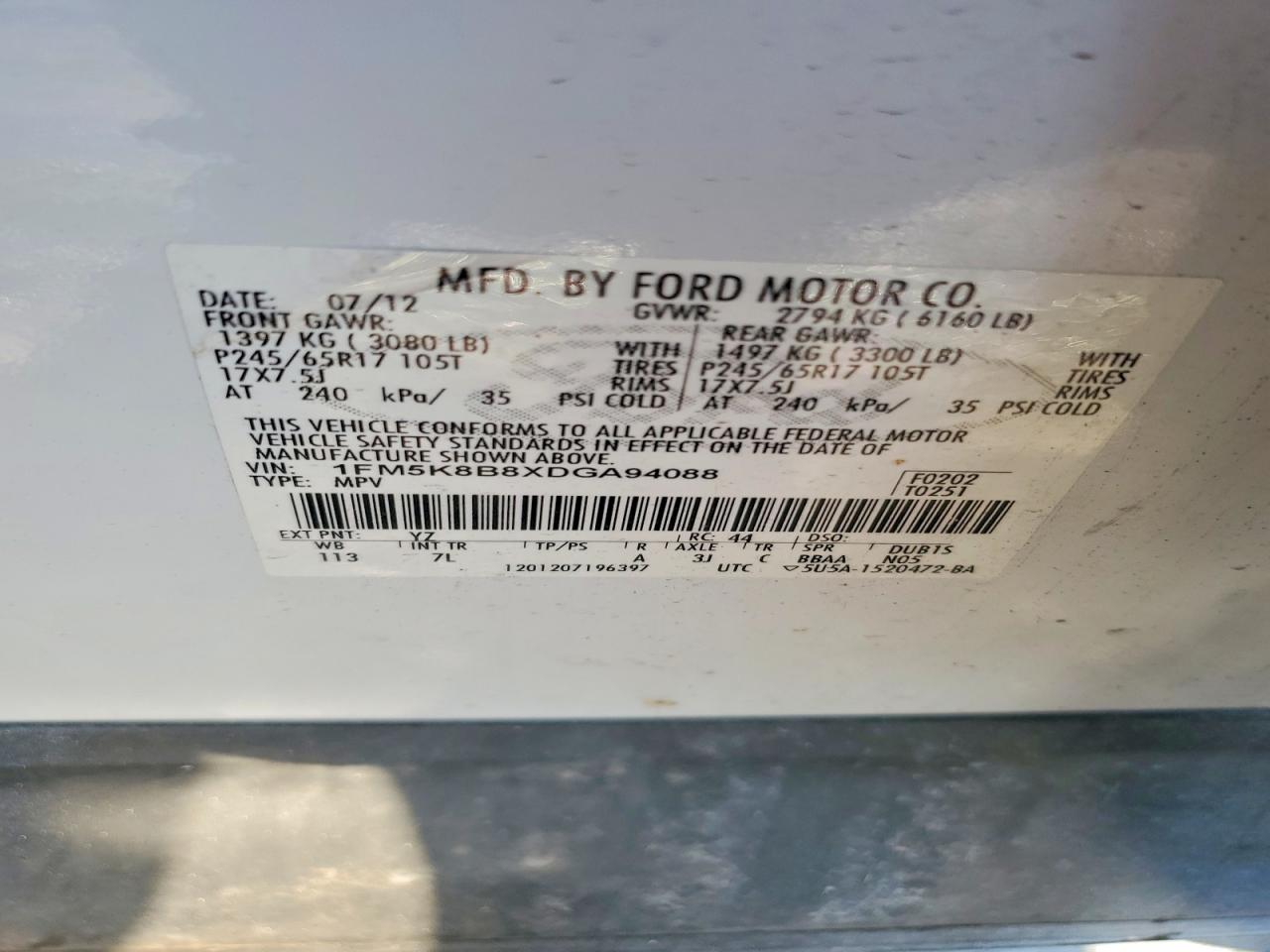 2013 Ford Explorer White vin: 1FM5K8B8XDGA94088