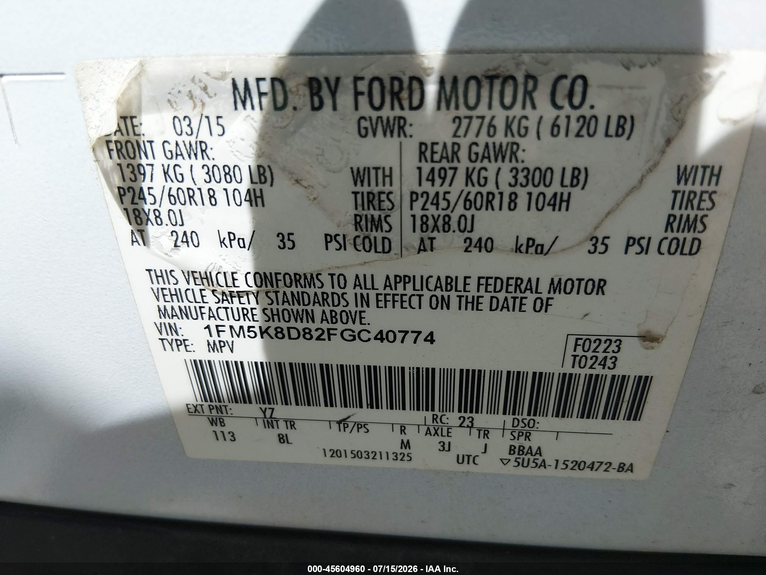 2015 Ford Explorer Xlt White vin: 1FM5K8D82FGC40774