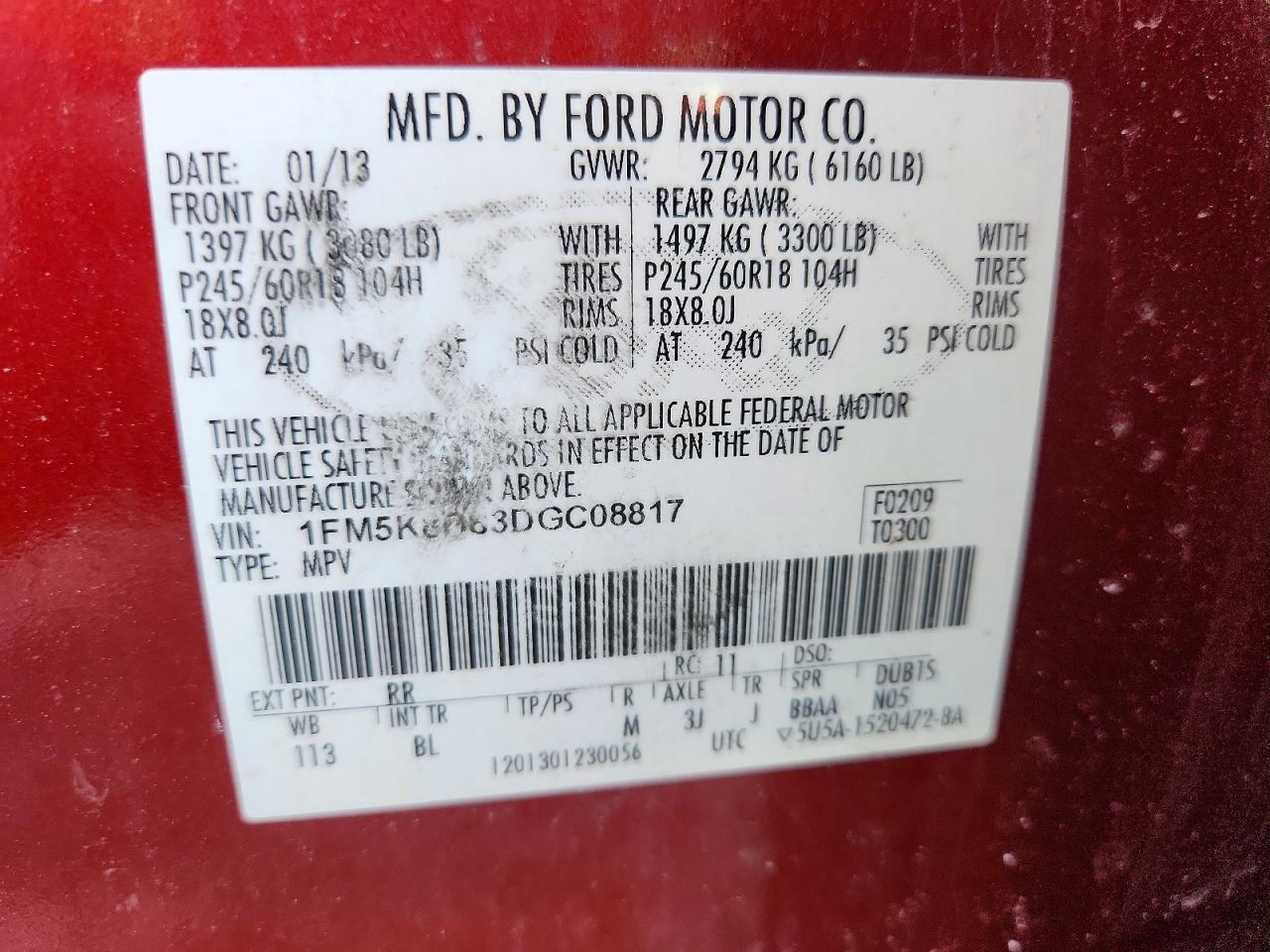 2013 Ford Explorer Red vin: 1FM5K8D83DGC08817