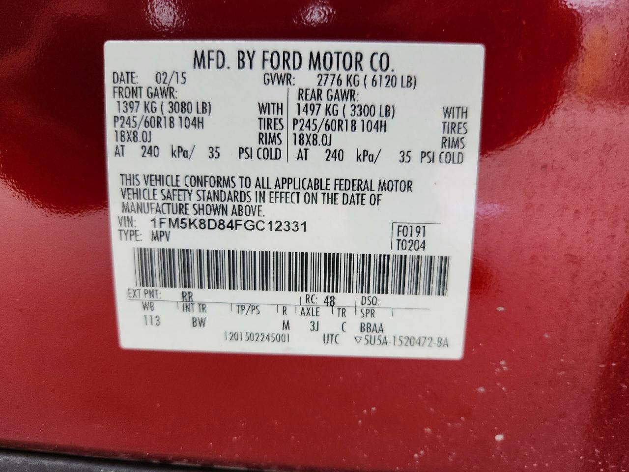 2015 Ford Explorer Xlt Red vin: 1FM5K8D84FGC12331