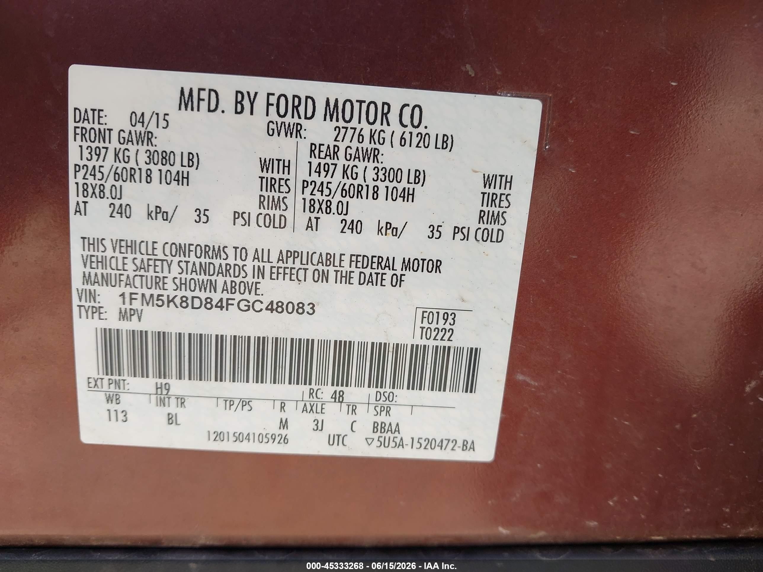 2015 Ford Explorer Xlt Бордовый vin: 1FM5K8D84FGC48083