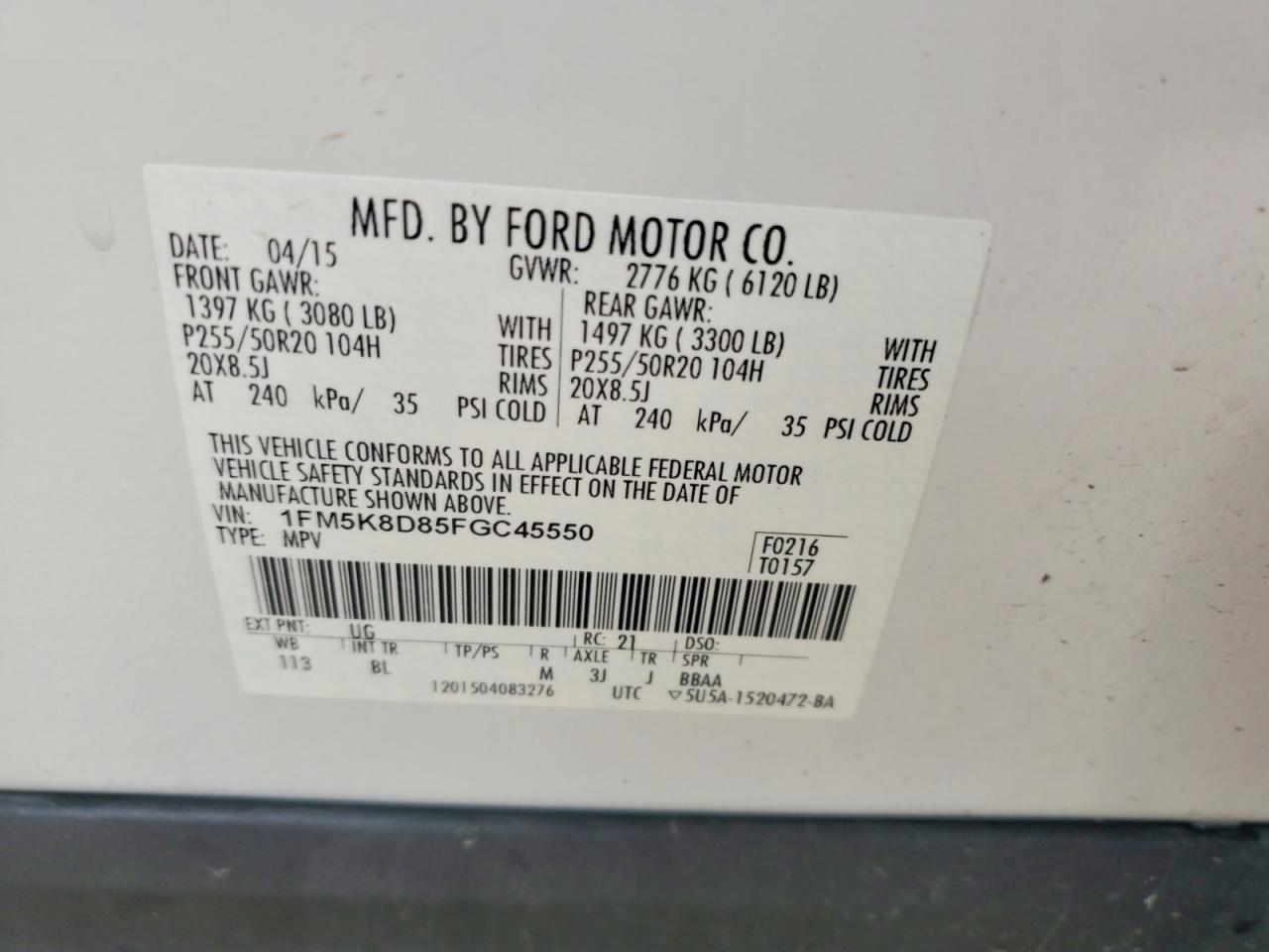 2015 Ford Explorer Xlt White vin: 1FM5K8D85FGC45550