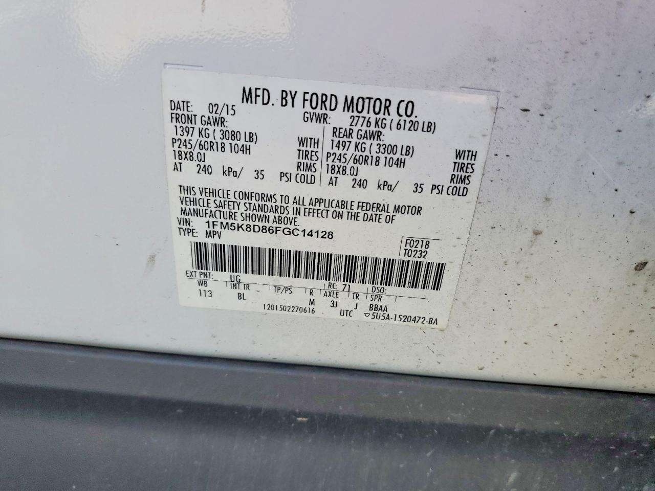 2015 Ford Explorer Xlt White vin: 1FM5K8D86FGC14128