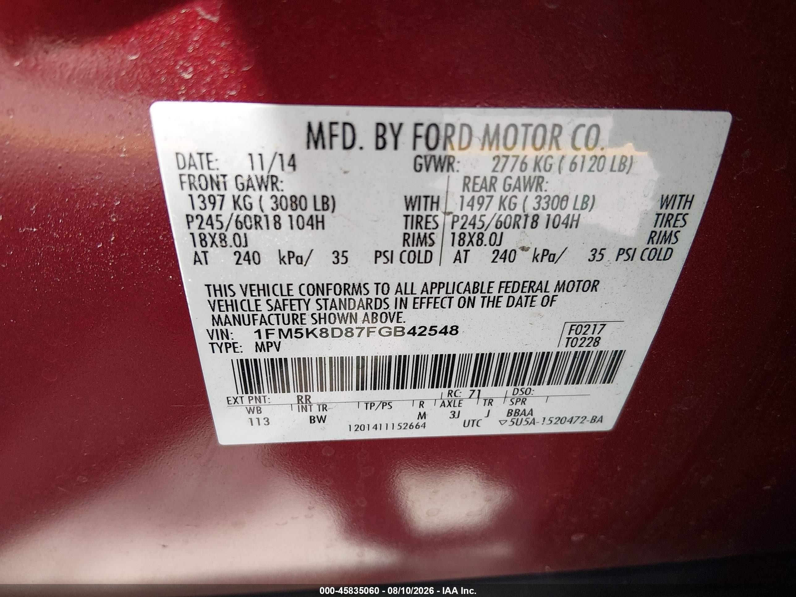 2015 Ford Explorer Xlt Red vin: 1FM5K8D87FGB42548