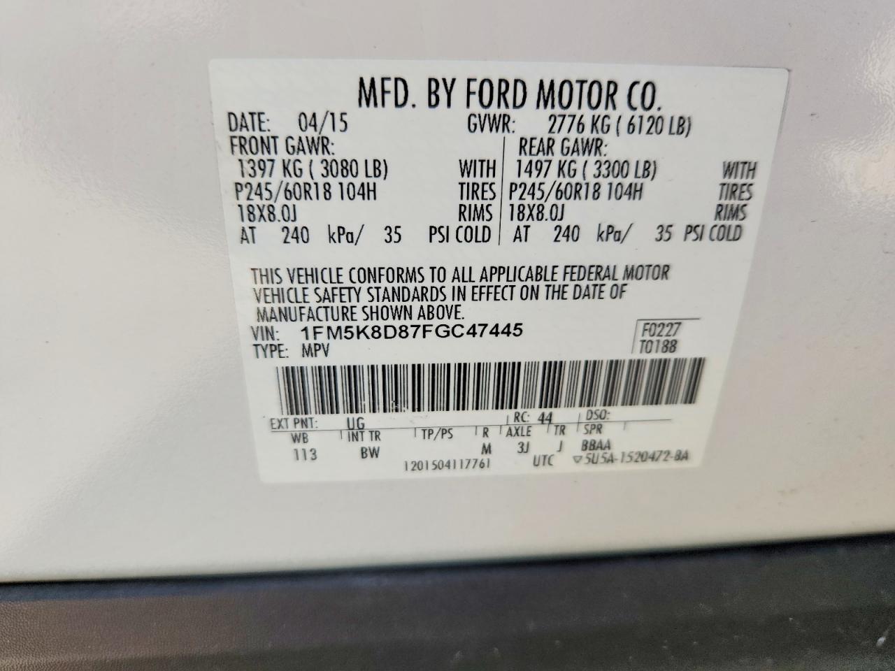 2015 Ford Explorer Xlt White vin: 1FM5K8D87FGC47445