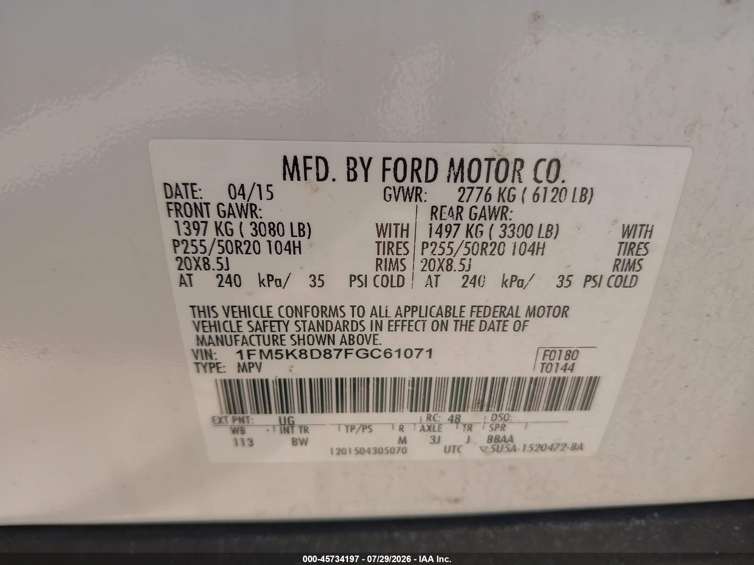 2015 Ford Explorer Xlt White vin: 1FM5K8D87FGC61071