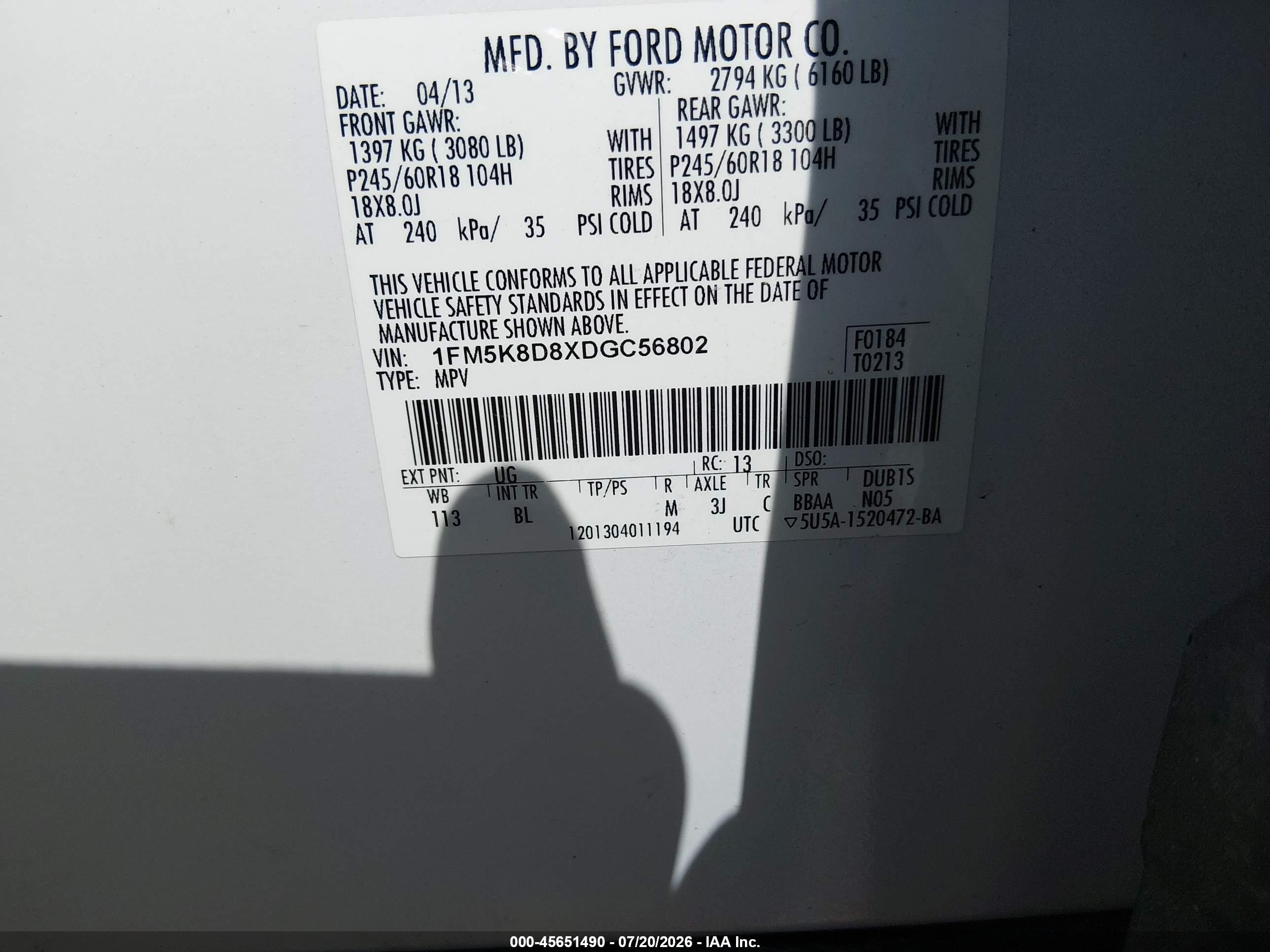2013 Ford Explorer Xlt White vin: 1FM5K8D8XDGC56802